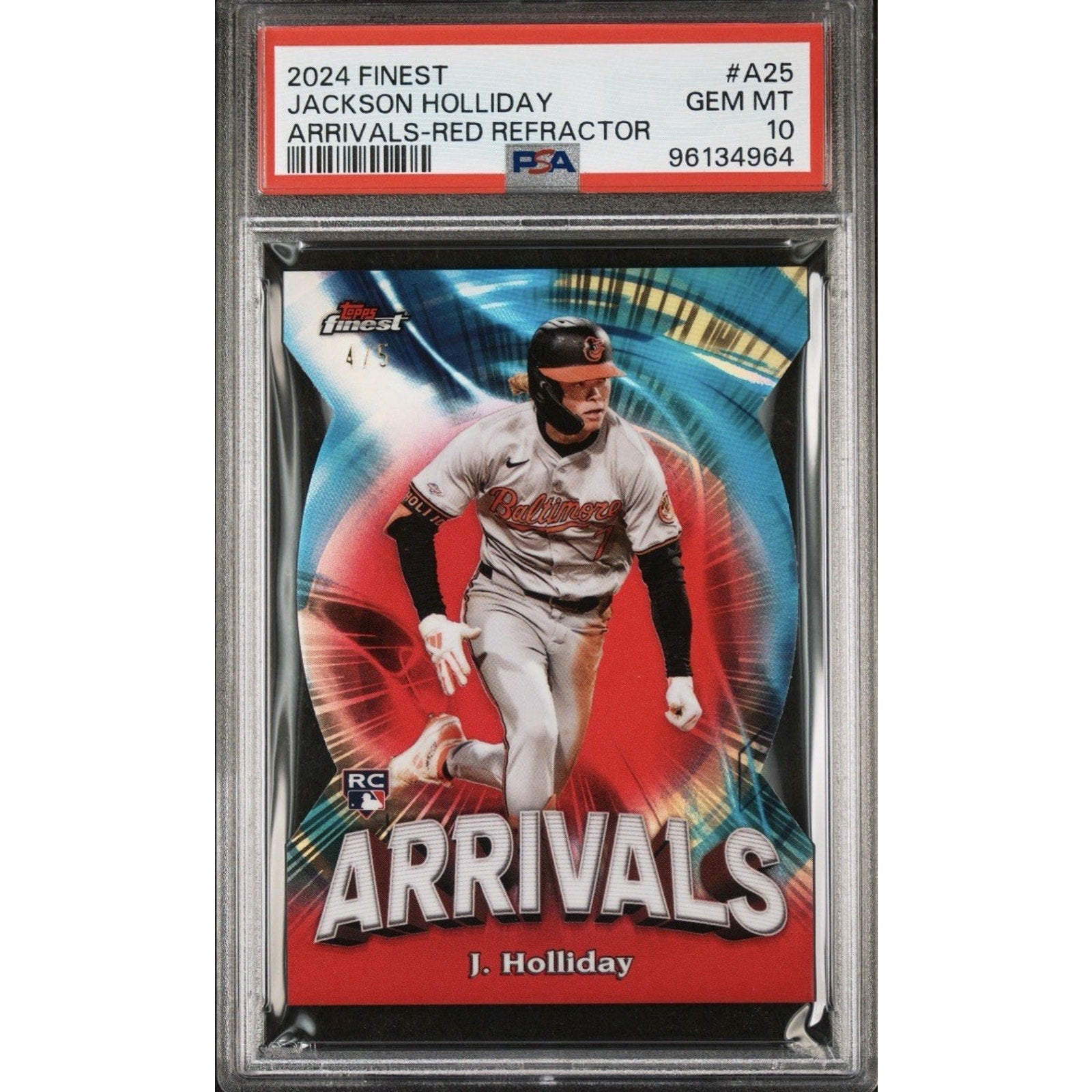 Back of PSA 10 graded 2024 Topps Finest Arrivals Jackson Holliday Red Refractor card