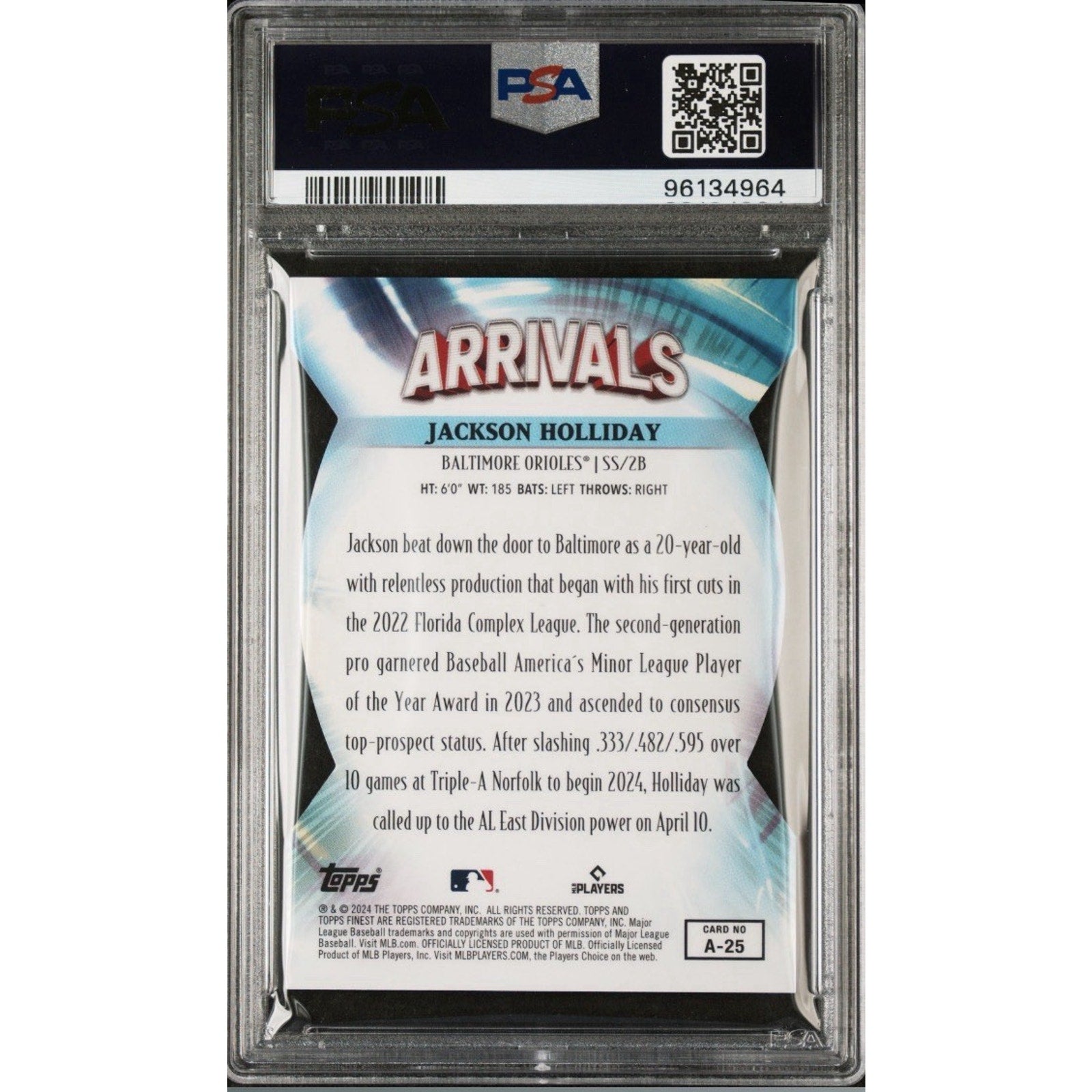 Baseball trading card in a protective case with a white background