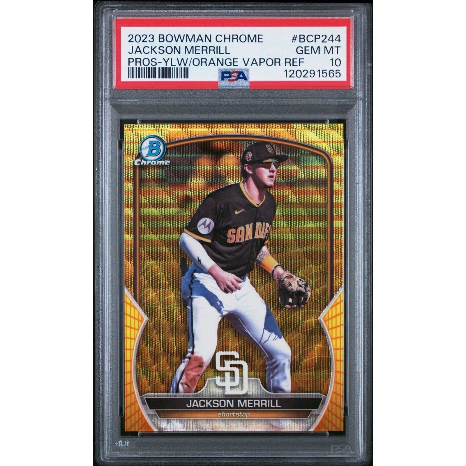 2023 Bowman Chrome Prospects Jackson Merrill Yellow Vapor Refractor card numbered to 75 PSA 10 San Diego Padres collectible