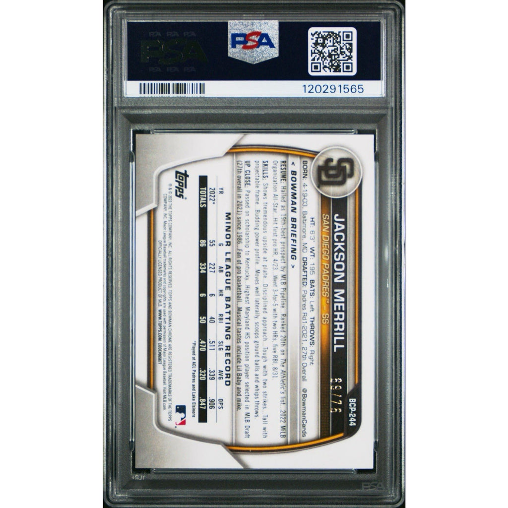 Back of 2023 Bowman Chrome Jackson Merrill Yellow Vapor Refractor prospect card /75 graded PSA 10