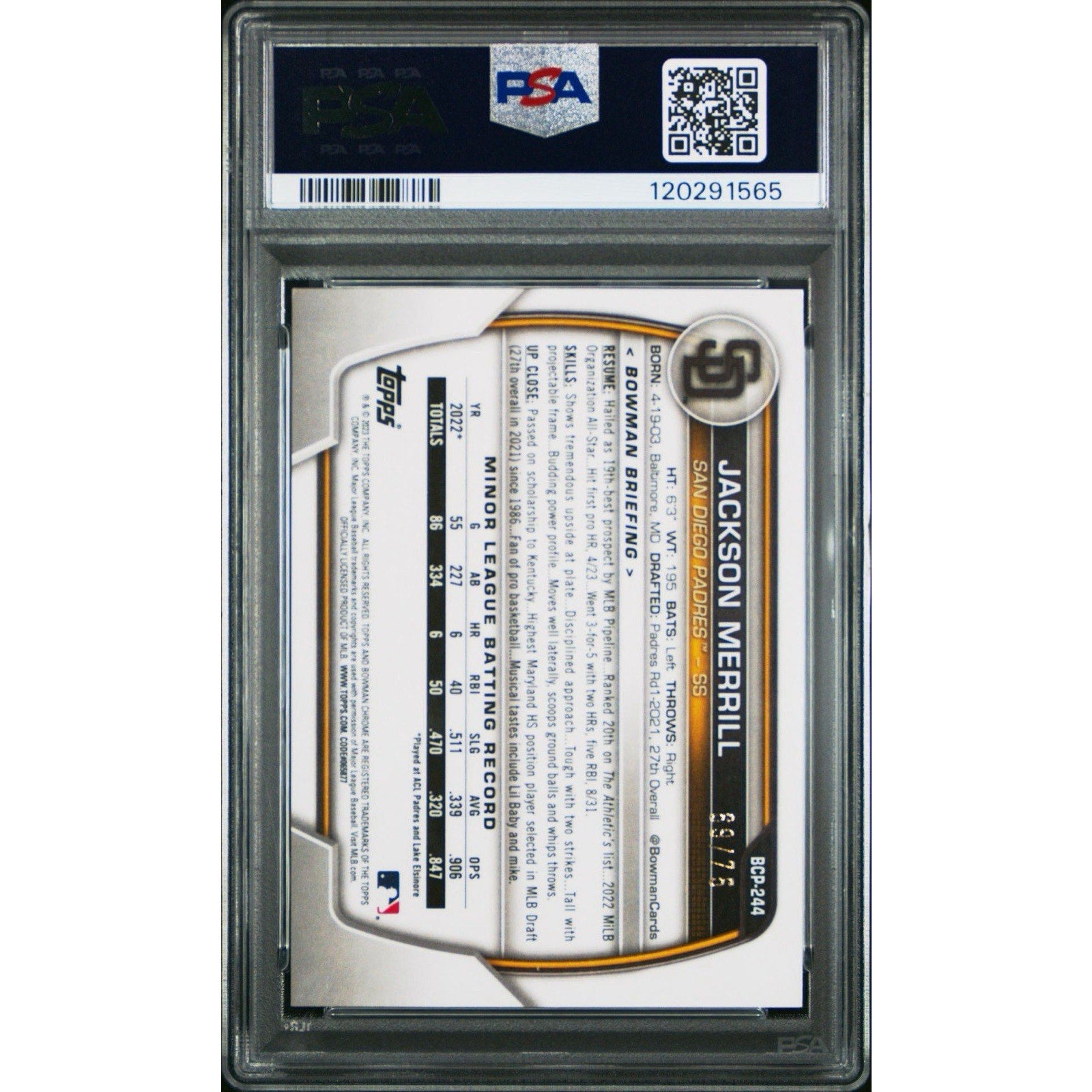 Back of 2023 Bowman Chrome Jackson Merrill Yellow Vapor Refractor prospect card /75 graded PSA 10
