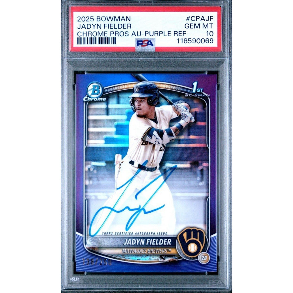 2025 Bowman Chrome Jadyn Fielder Purple Refractor autograph rookie card #CPA-JF /250 PSA 10 front view