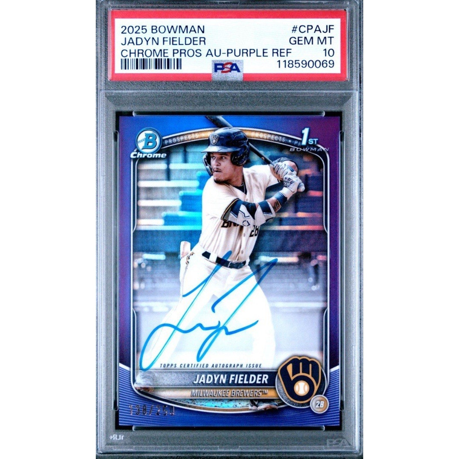 2025 Bowman Chrome Jadyn Fielder Purple Refractor autograph rookie card #CPA-JF /250 PSA 10 front view