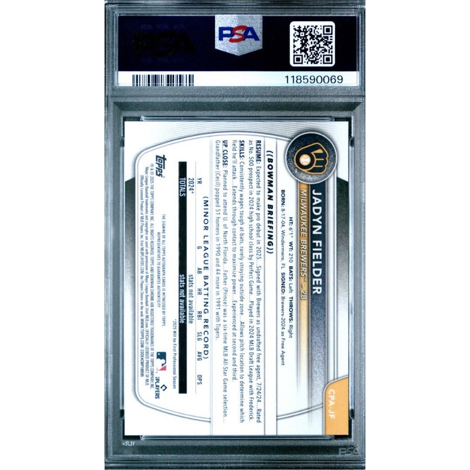 Back view of 2025 Bowman Chrome Jadyn Fielder Purple Refractor auto baseball card graded PSA 10 for Milwaukee Brewers collectors