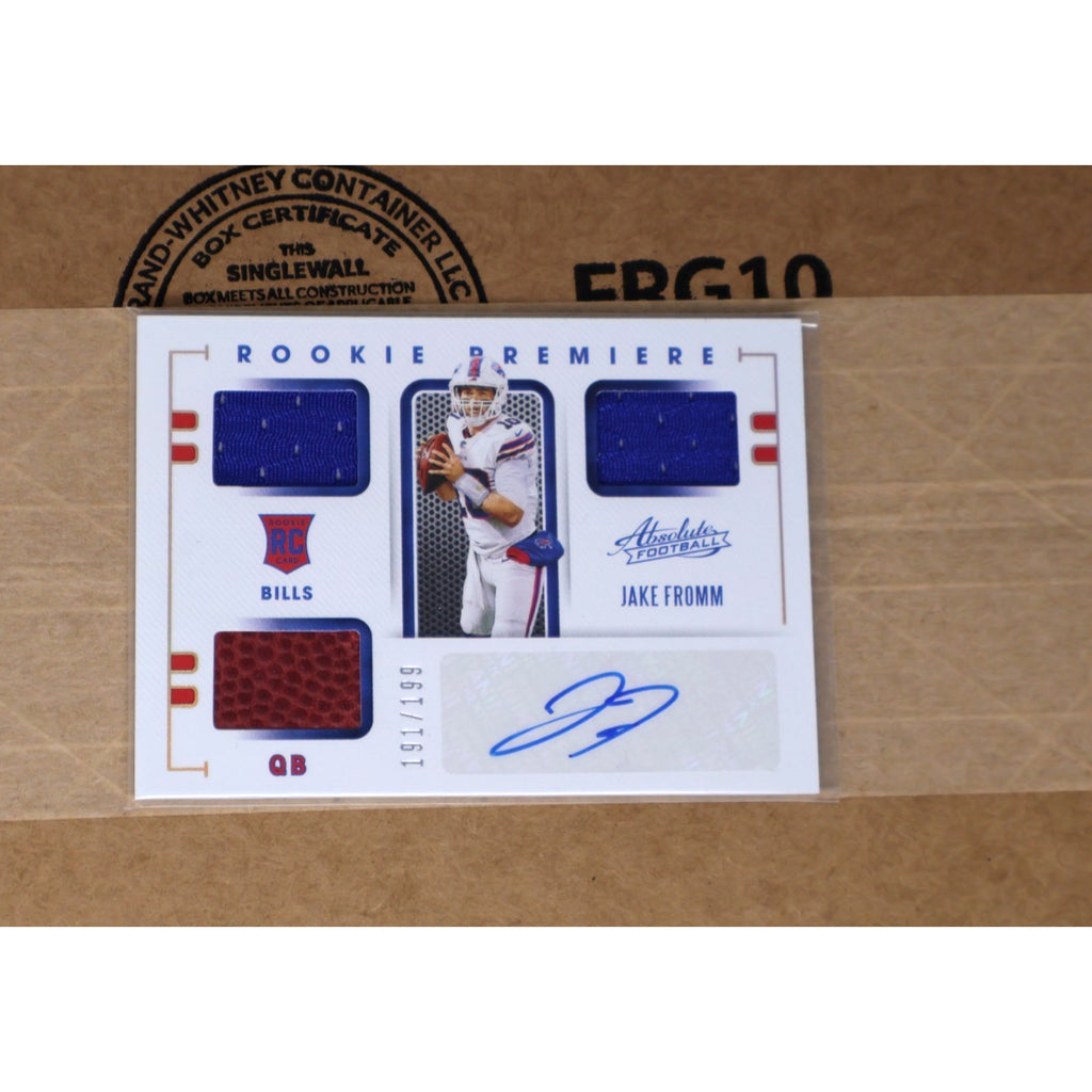 2020 Panini Absolute Jake Fromm Rookie Premiere autograph card numbered to 199 featuring triple relic patches for Buffalo Bills rookie