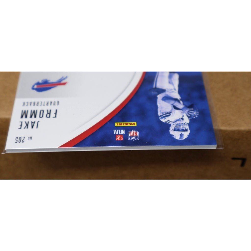 Bottom corner detail of Jake Fromm rookie auto triple relic card featuring Buffalo Bills branding