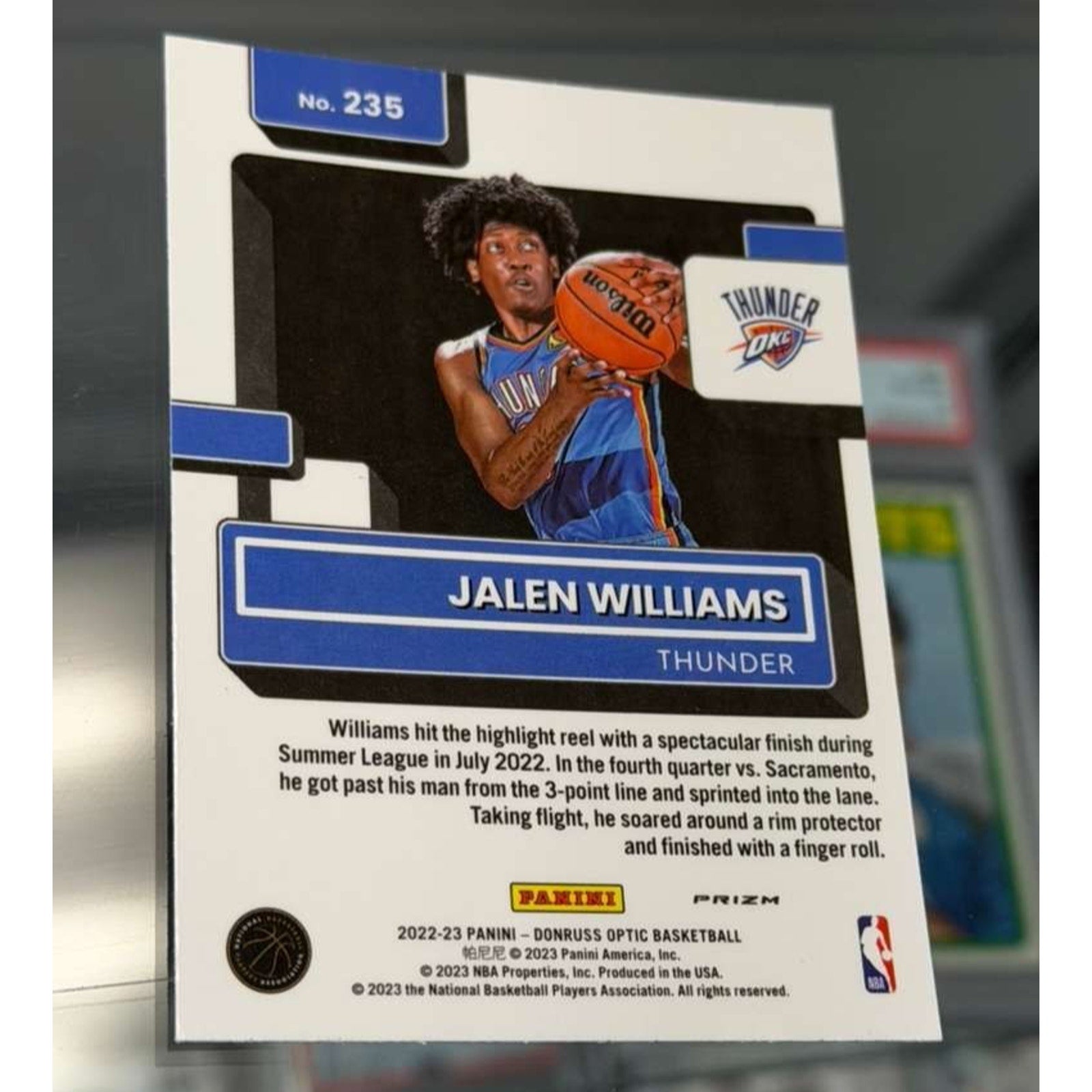 2022-23 Donruss Optic Jalen Williams Rated Rookie #235 card back featuring player information and rookie details