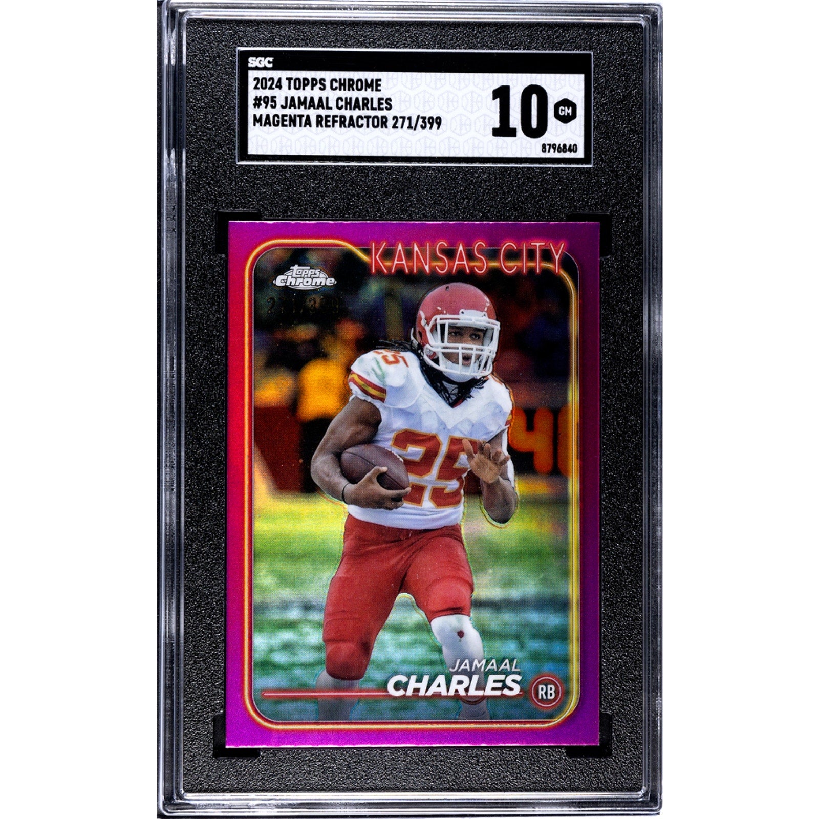 2024 Topps Chrome Jamaal Charles Magenta Refractor card #95 numbered to 399 graded SGC 10 featuring Kansas City Chiefs legend