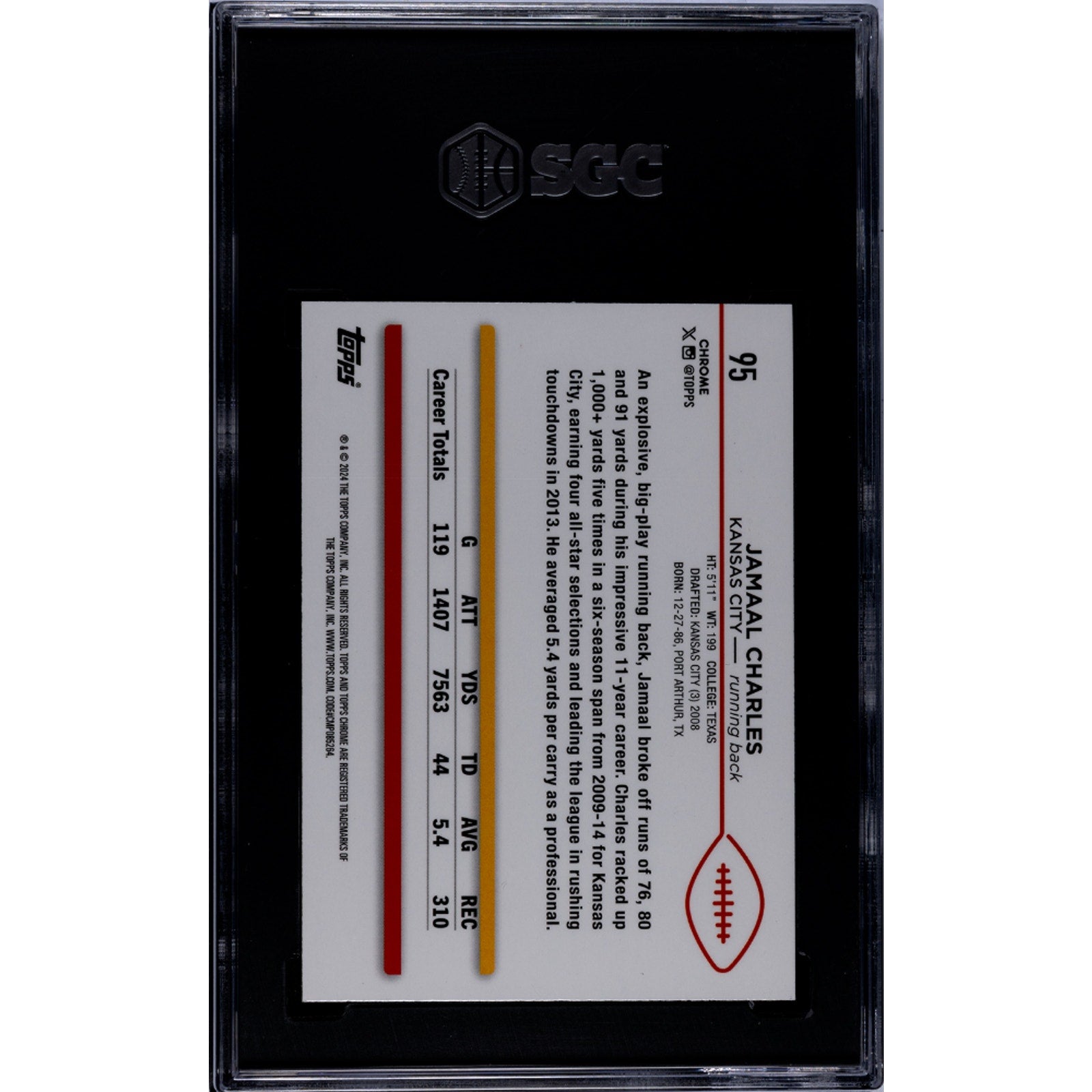 Back of 2024 Topps Chrome Jamaal Charles Magenta Refractor football card #95 graded SGC 10 Gem Mint