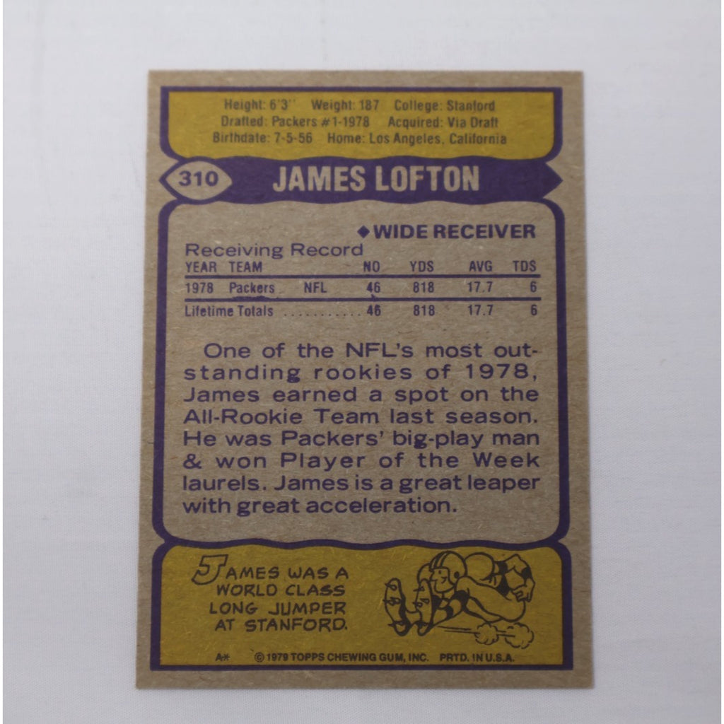 Back of 1979 Topps James Lofton rookie card #310 showing player biography and career details