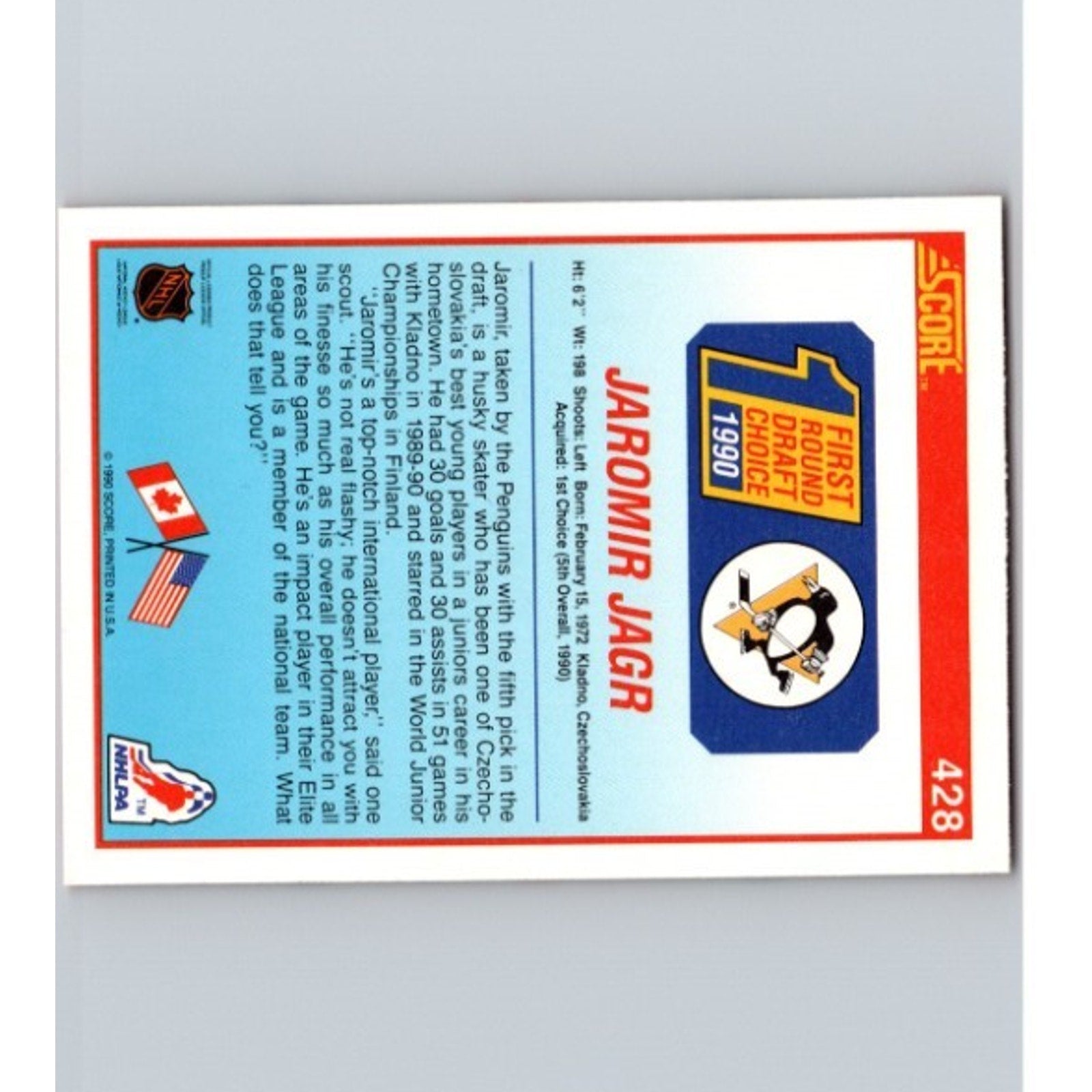 Back view of Jaromir Jagr 1990-91 Score rookie card #428