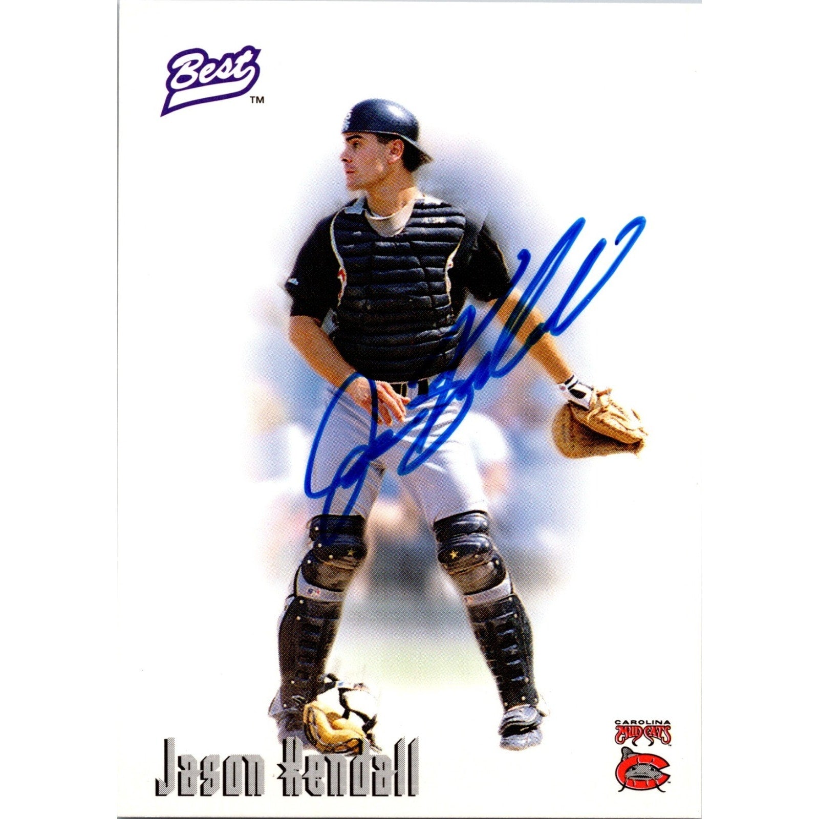 Front view of autographed 1996 Best Jason Kendall Carolina Mudcats minor league baseball trading card with blue ink signature