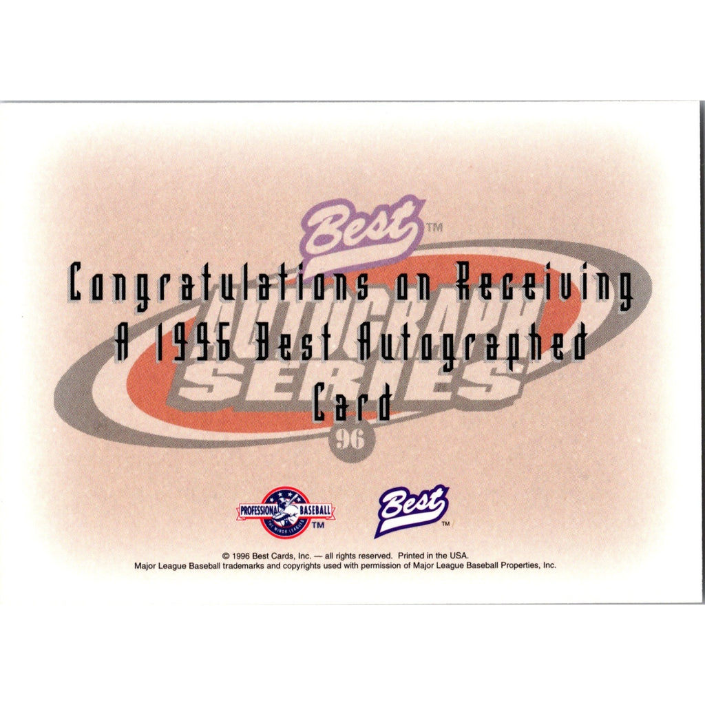 Back view of 1996 Best Jason Kendall Carolina Mudcats trading card showing player information and statistics