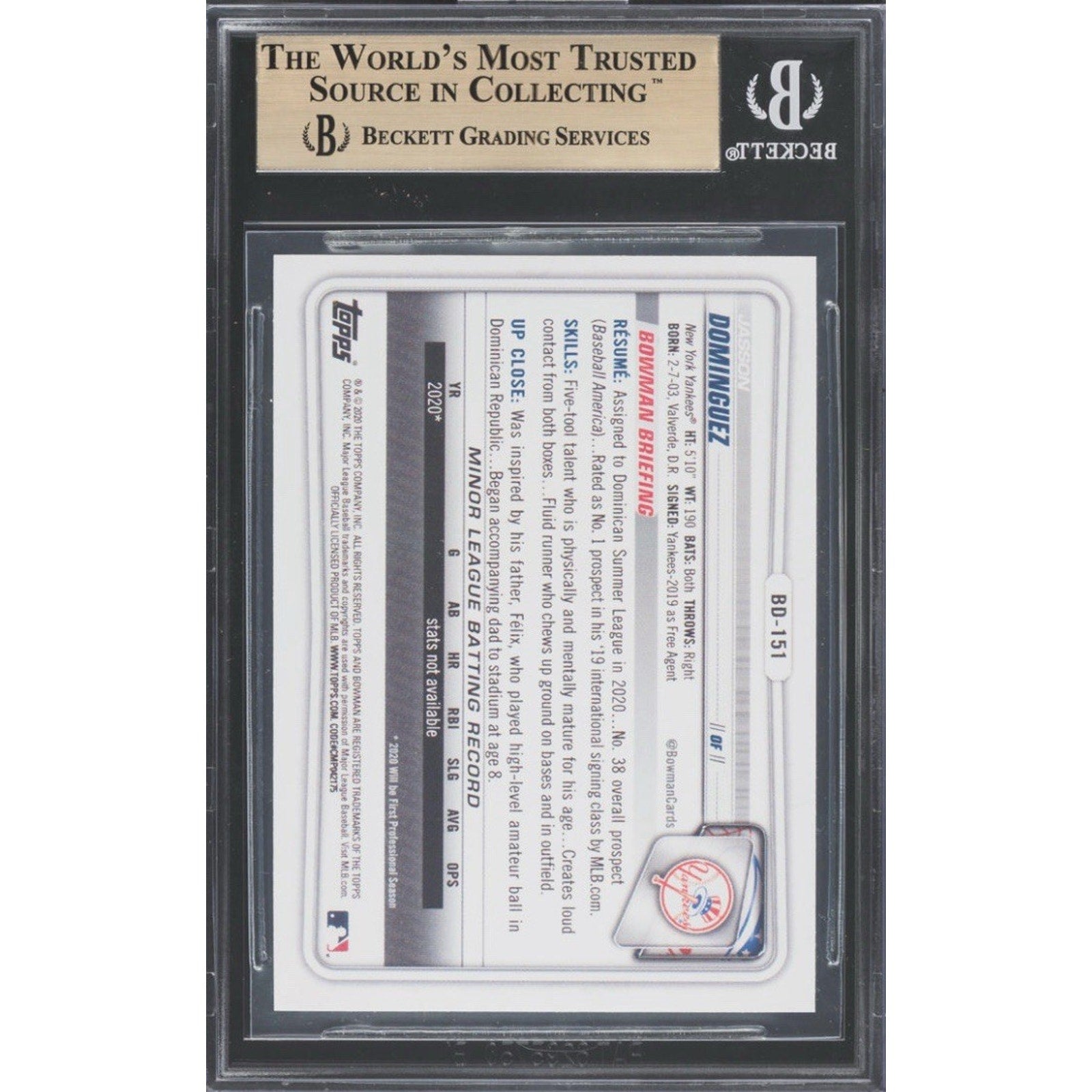 Back view of Jasson Dominguez 2020 Bowman Draft Purple #BD151 BGS 9.5 card