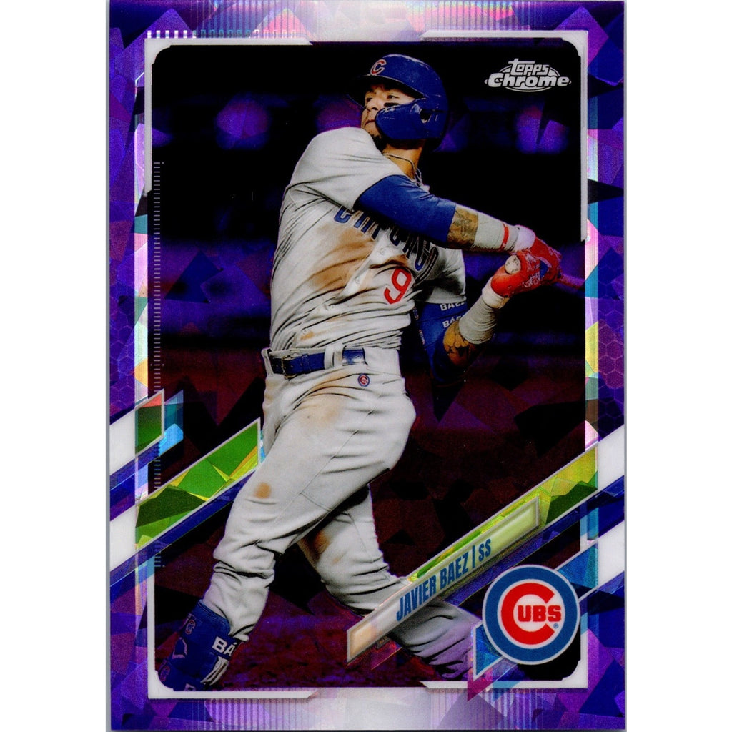 Front view of a 2021 Topps Chrome Sapphire Javier Báez Purple Sapphire parallel card numbered to 10, featuring Báez batting in his Chicago Cubs uniform
