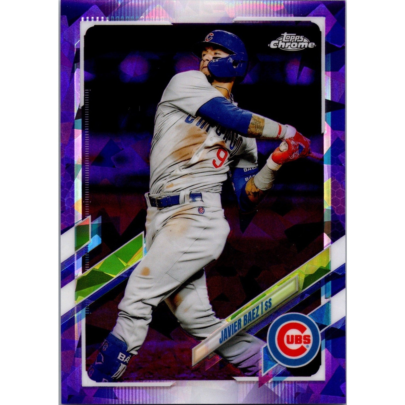 Front view of a 2021 Topps Chrome Sapphire Javier Báez Purple Sapphire parallel card numbered to 10, featuring Báez batting in his Chicago Cubs uniform