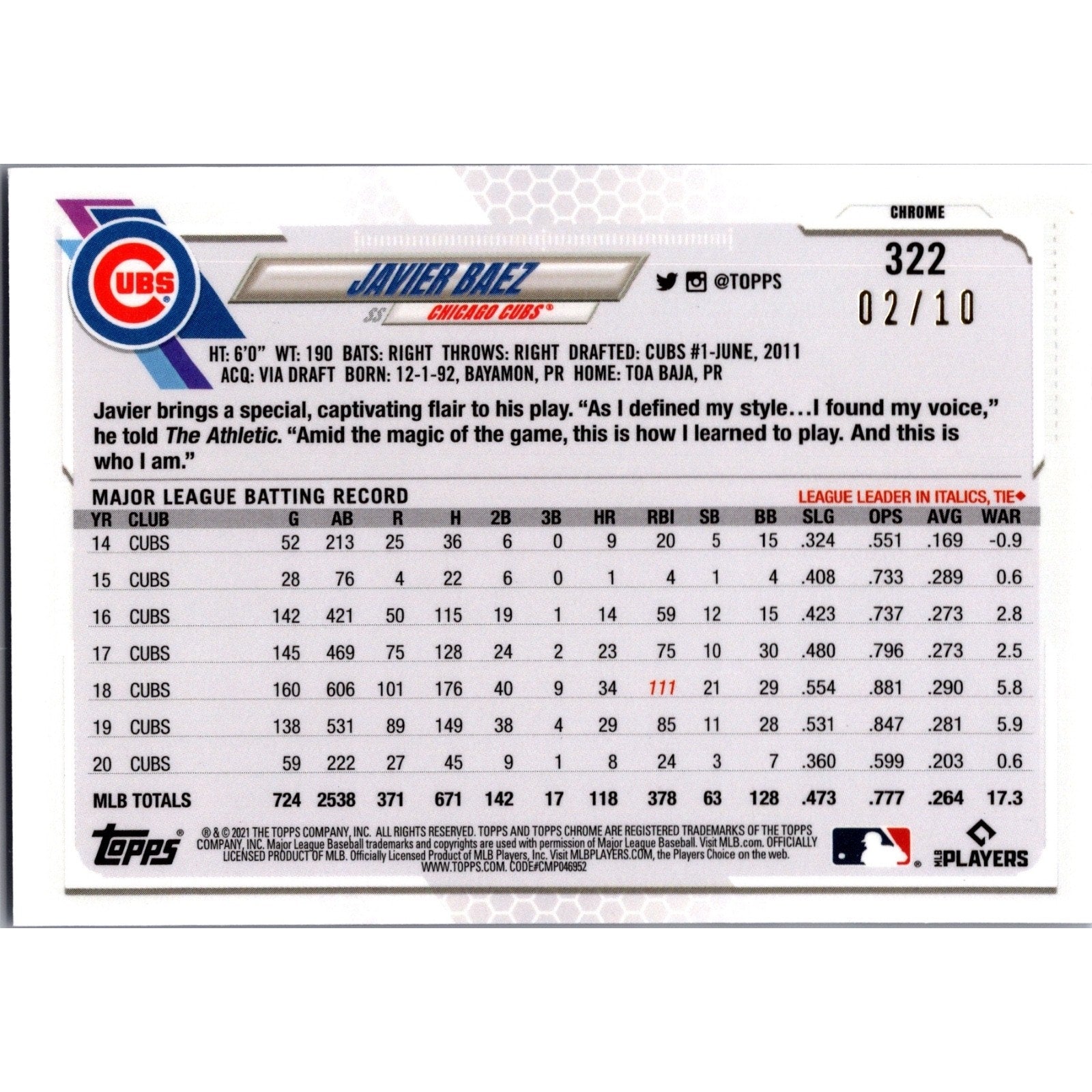 Back view of the 2021 Topps Chrome Sapphire Javier Báez Purple parallel card showing player statistics, serial numbering, and Topps card details