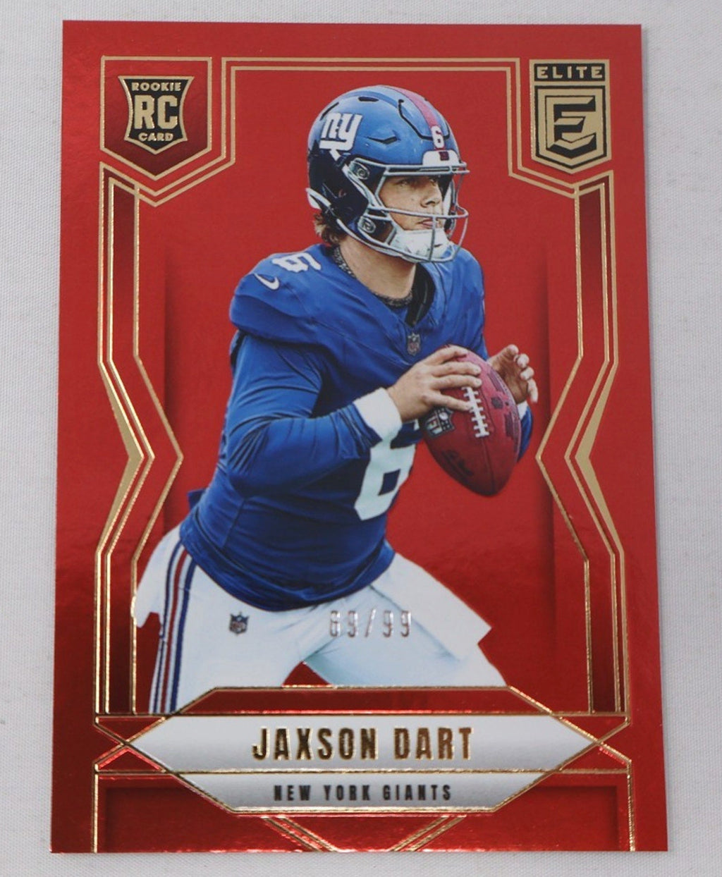 2025 Donruss Elite Jaxson Dart rookie card red parallel numbered to 99 featuring New York Giants quarterback