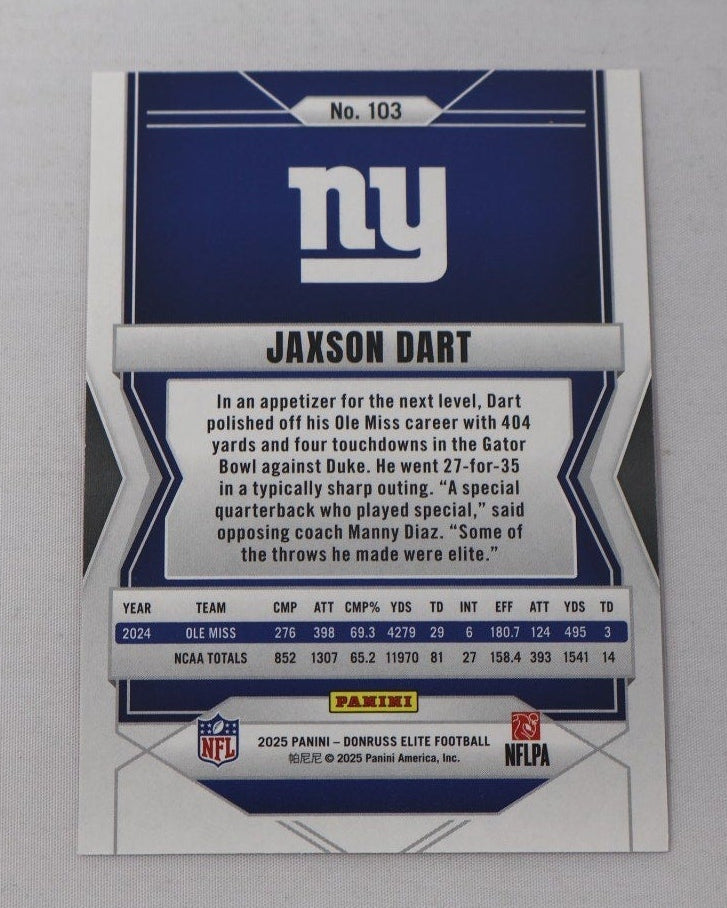 Back view of Jaxson Dart Donruss Elite rookie card showing player information and card details