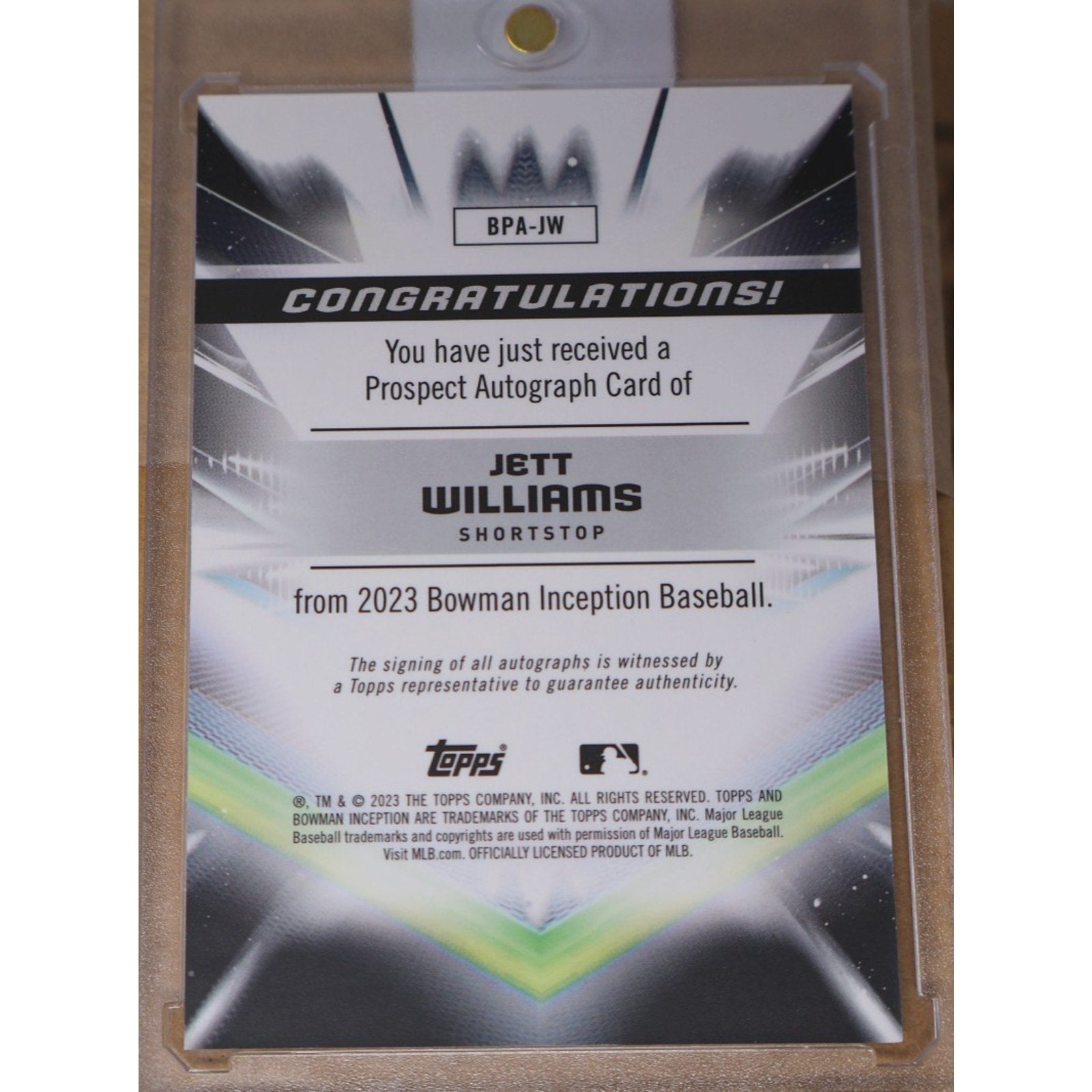 Back view of 2023 Bowman Inception Jett Williams auto card number BPA-JW