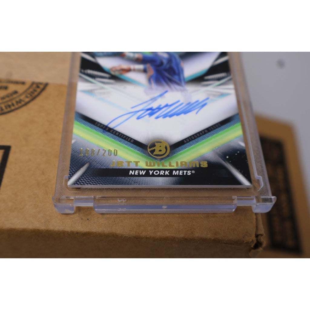Protective case display view of 2023 Bowman Inception Jett Williams autograph baseball card