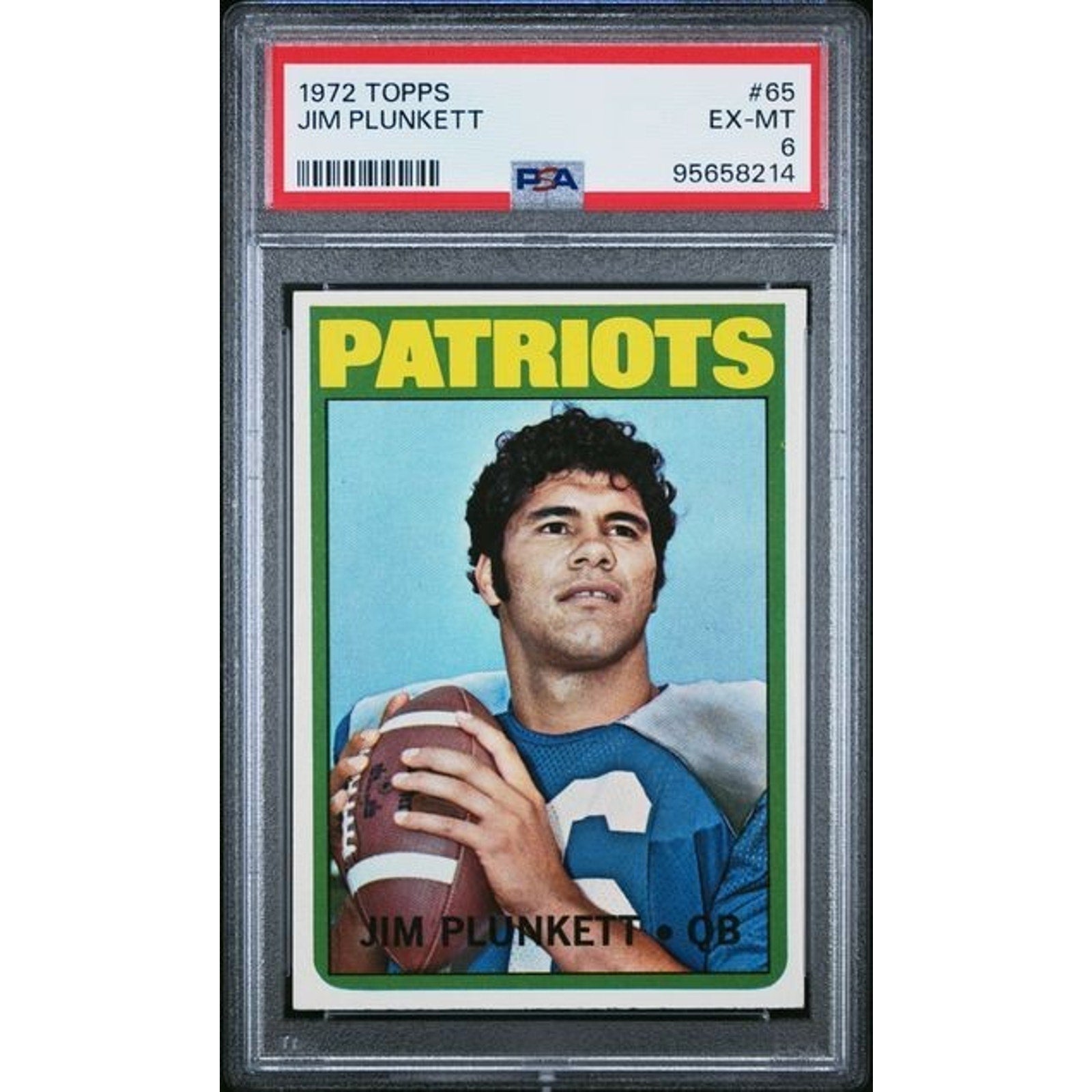1972 Topps Jim Plunkett rookie card #65 graded PSA 6 featuring New England Patriots quarterback vintage NFL collectible