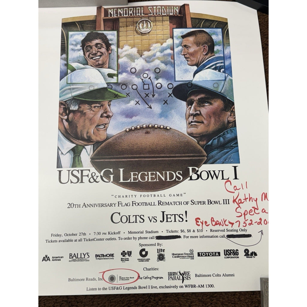 Close-up of vintage NFL Legends Bowl poster artwork featuring Namath and Unitas