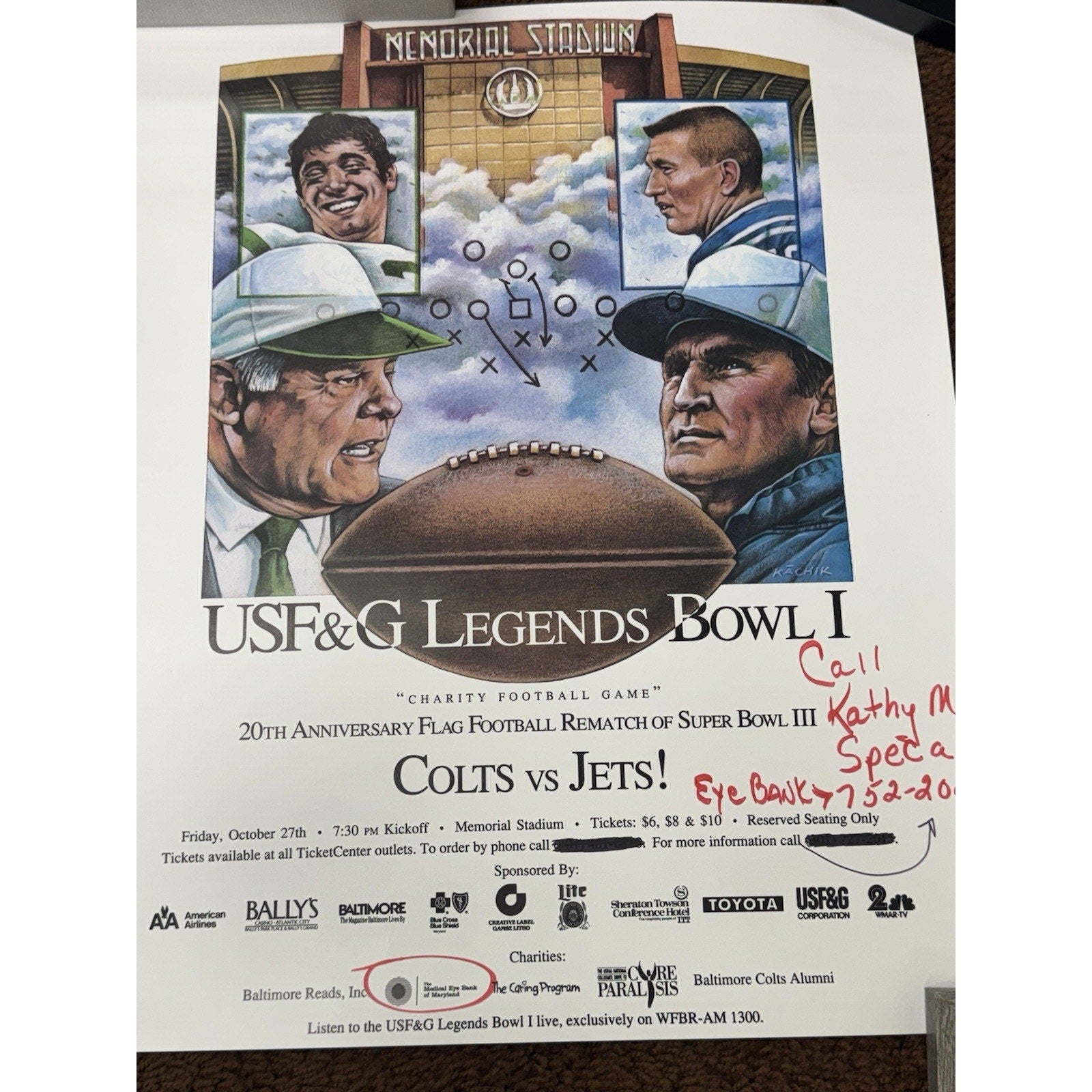 Close-up of vintage NFL Legends Bowl poster artwork featuring Namath and Unitas