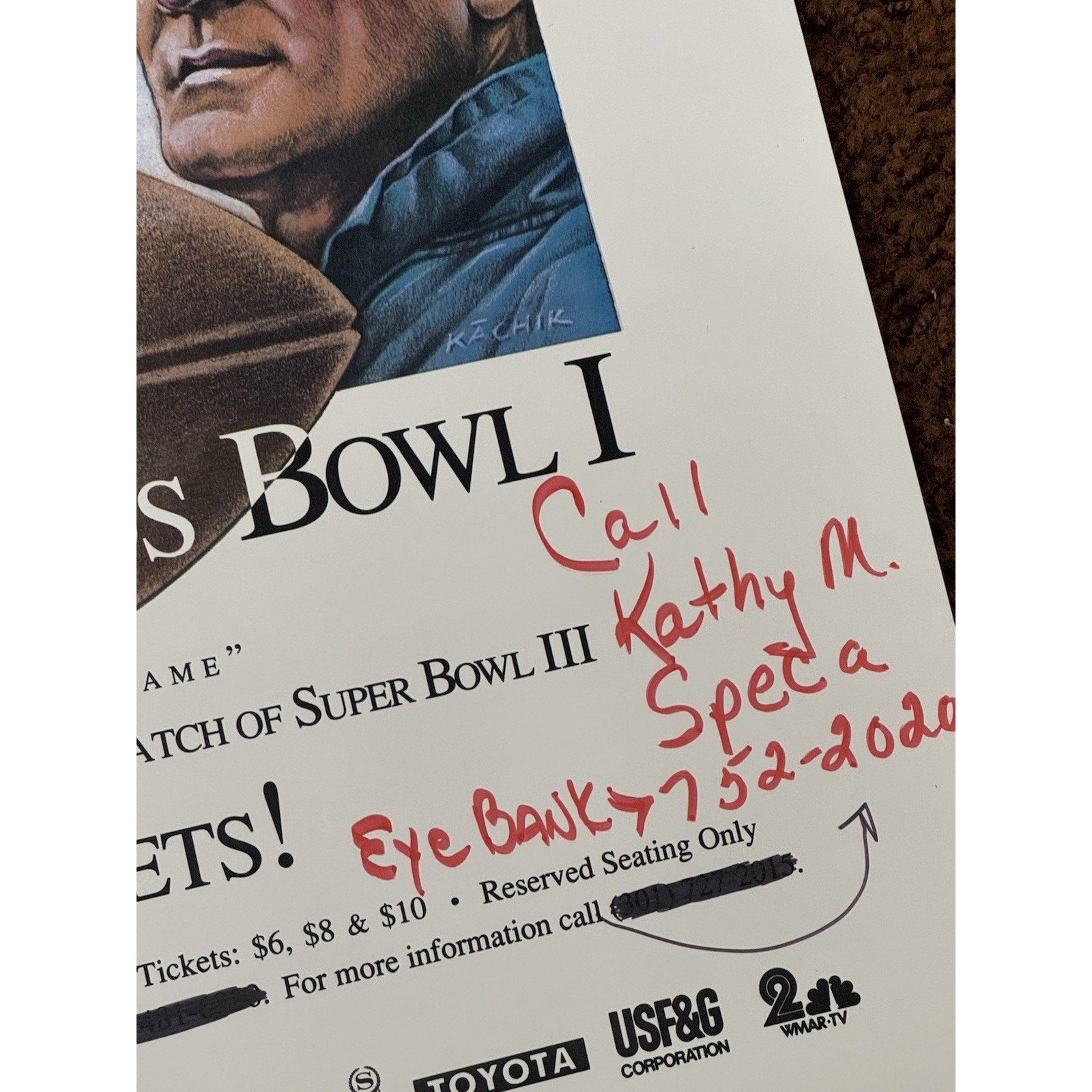 Detail of handwritten notes and lower section of Colts vs Jets football poster