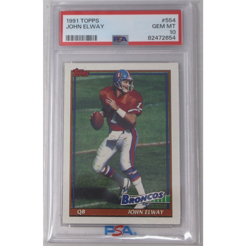 Front view of a PSA 10 Gem Mint graded 1991 Topps #554 John Elway card featuring the Denver Broncos Hall of Fame quarterback in action carrying the football.