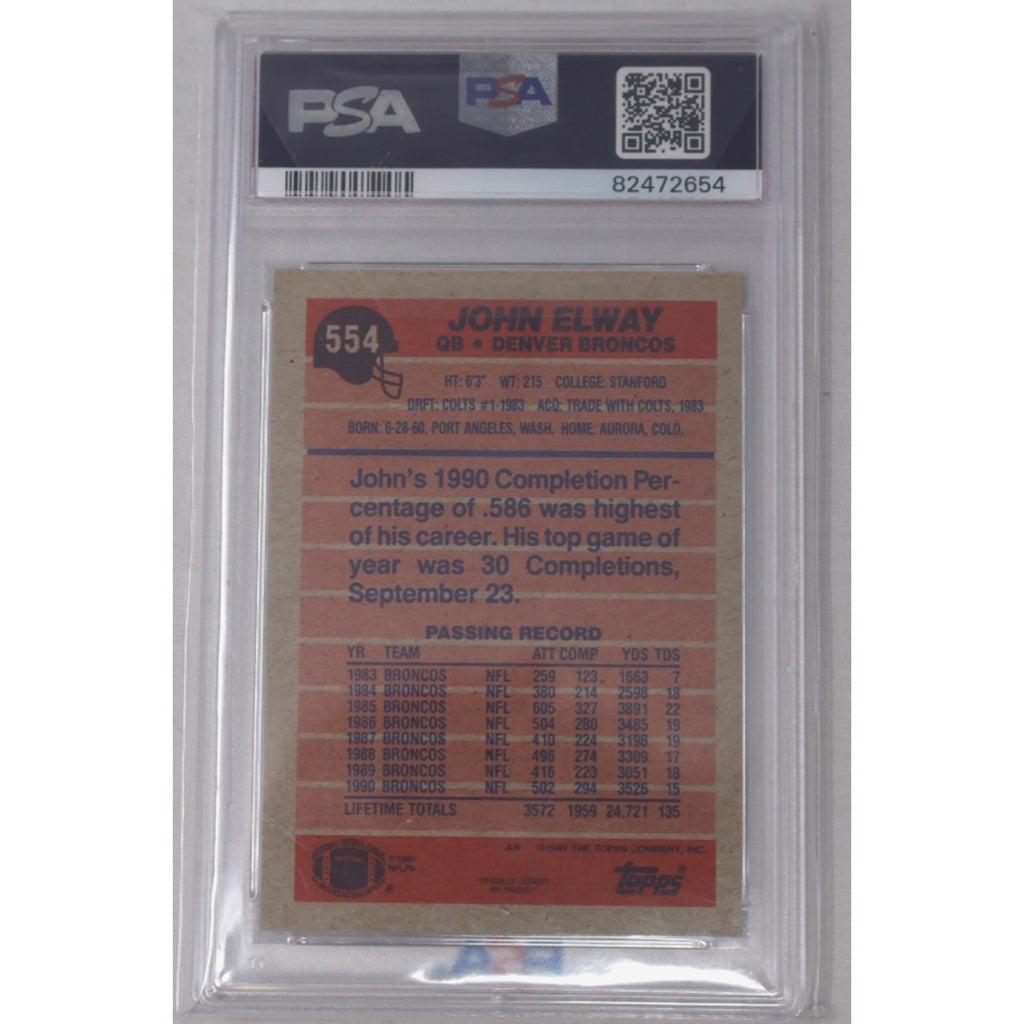Back view of the PSA 10 graded 1991 Topps John Elway #554 card displaying career statistics, player biography, and card information.