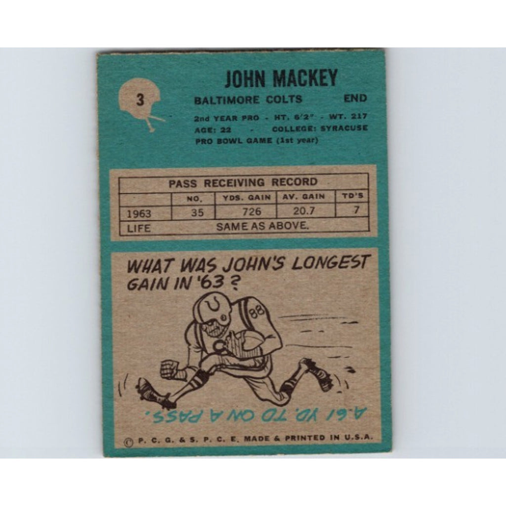 Back of 1964 Philadelphia John Mackey rookie card showing player biography and statistics