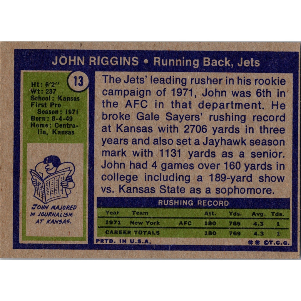 Back of 1972 Topps John Riggins rookie card #13 showing player biography and statistics