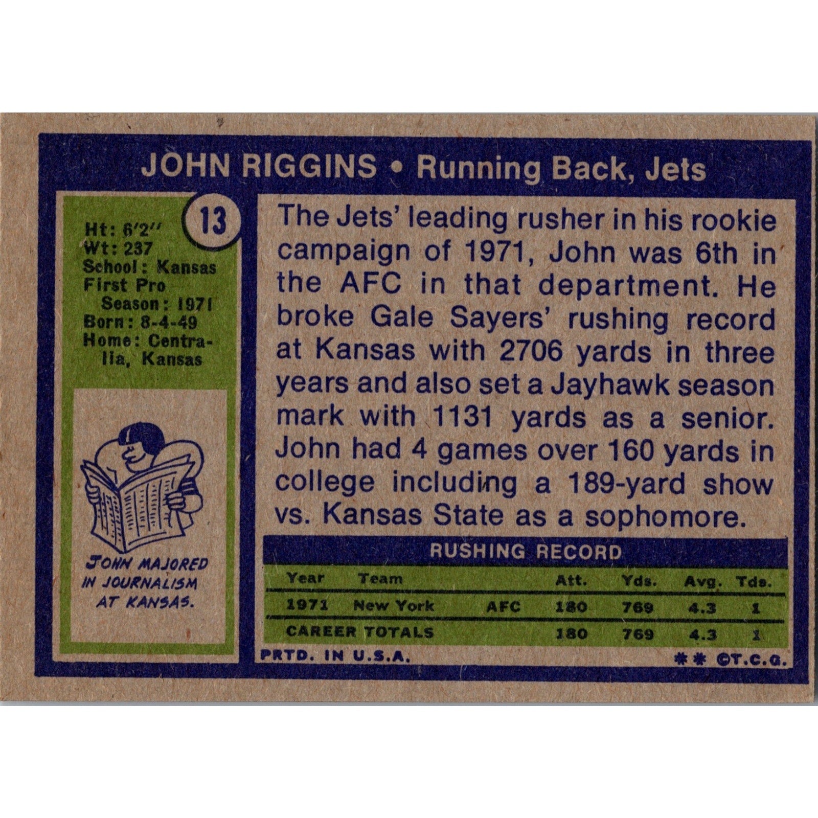 Back of 1972 Topps John Riggins rookie card #13 showing player biography and statistics