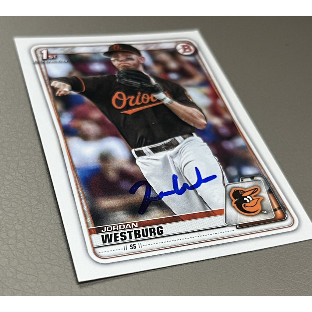 Angled view of Jordan Westburg 2020 Bowman Draft signed rookie baseball card