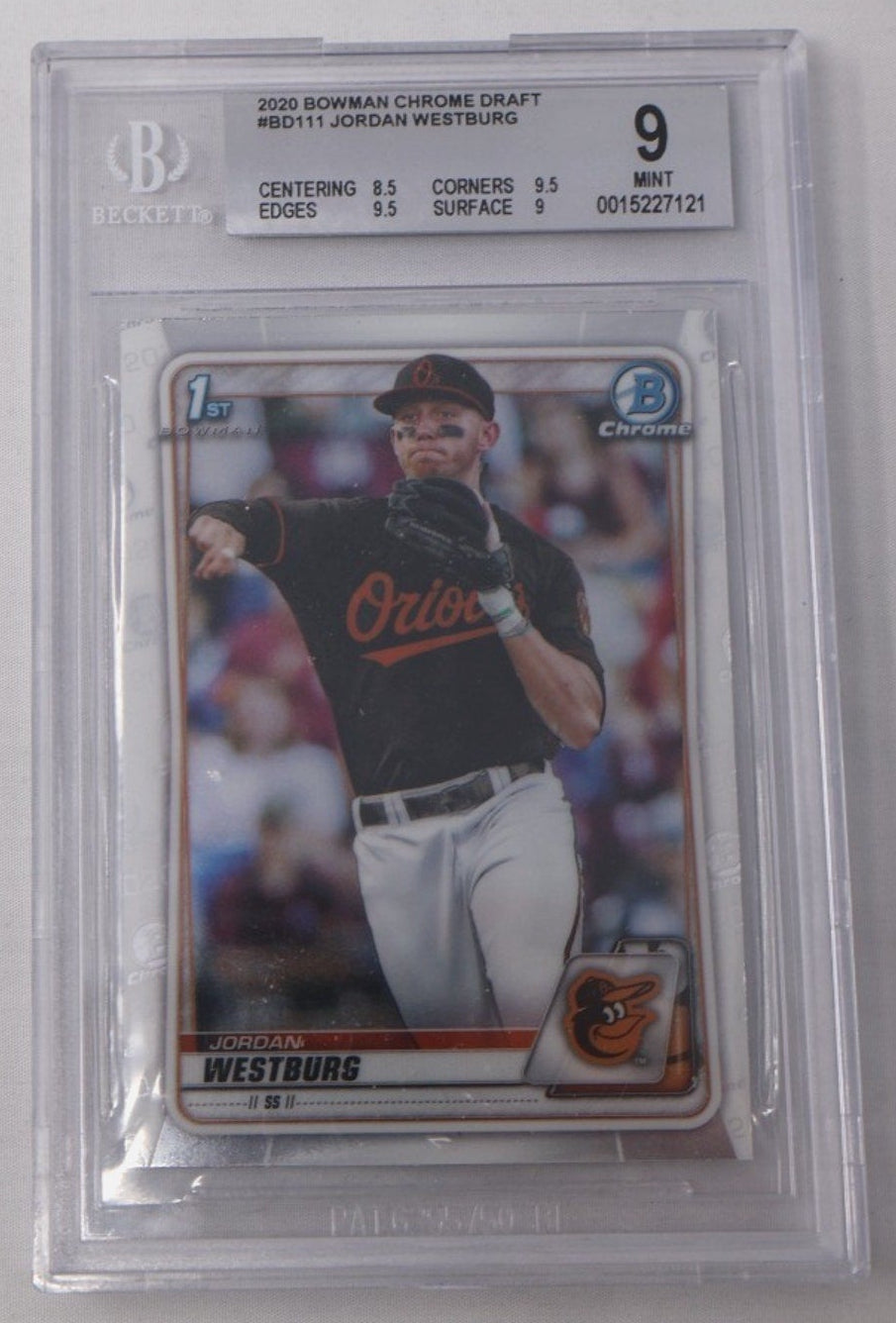 2020 Bowman Chrome Draft Jordan Westburg 1st Bowman rookie card #BD-111 graded BGS 9 Mint featuring Baltimore Orioles prospect
