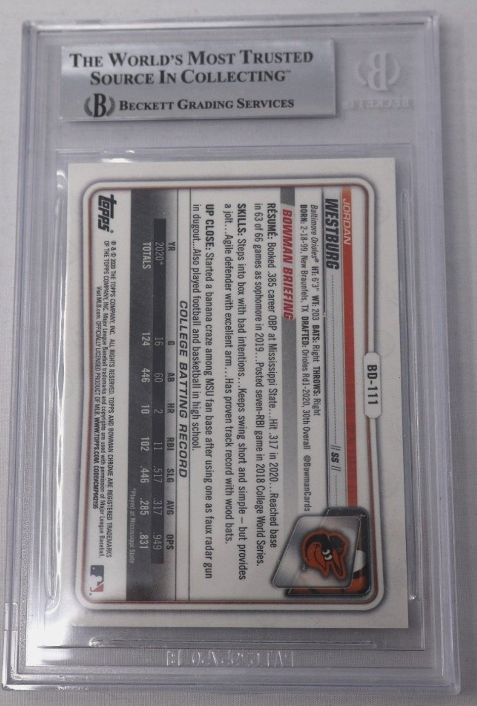 Back of 2020 Bowman Chrome Draft Jordan Westburg 1st Bowman card #BD-111 graded BGS 9 Mint