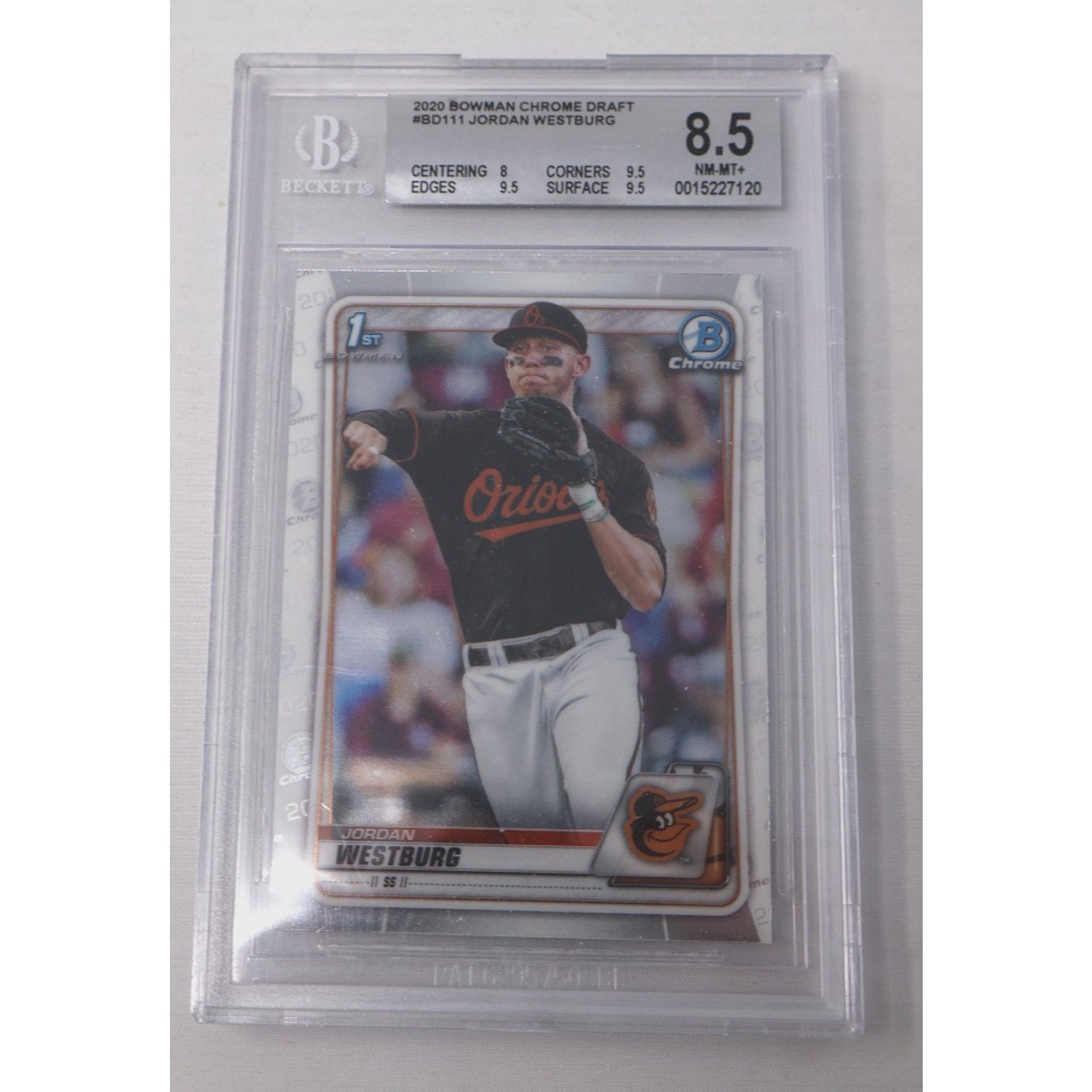 2020 Bowman Chrome Draft Jordan Westburg 1st Bowman rookie card #BD-111 graded BGS 8.5 Mint featuring Baltimore Orioles prospect
