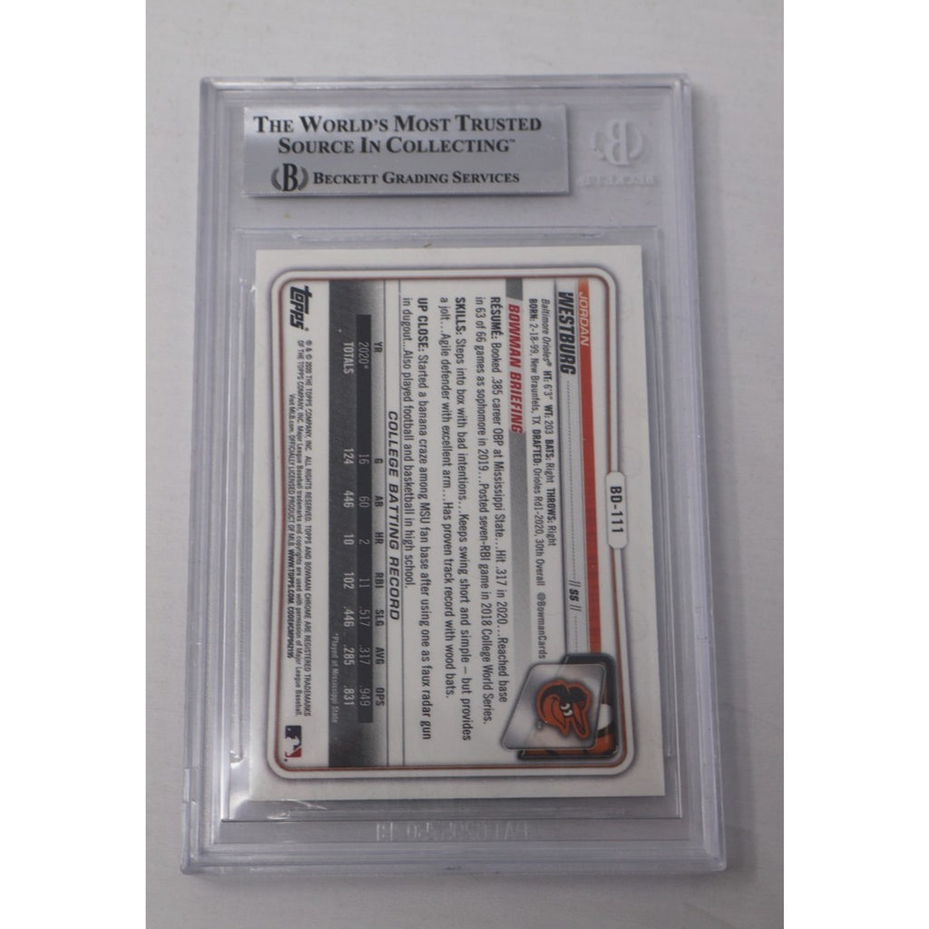 Back of 2020 Bowman Chrome Draft Jordan Westburg 1st Bowman card #BD-111 graded BGS 8.5 Mint