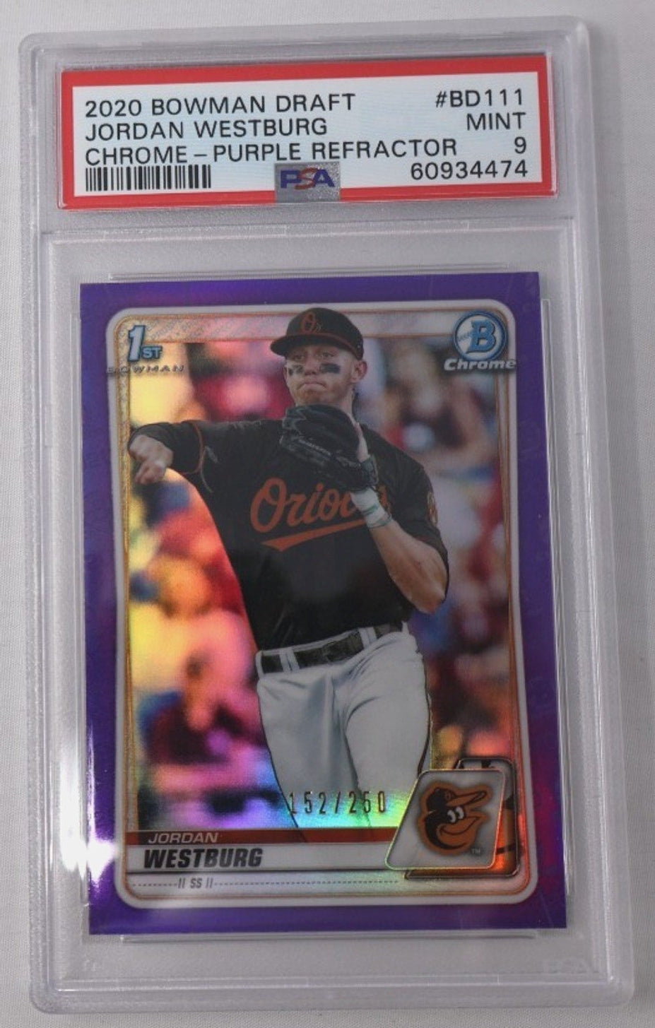 2020 Bowman Chrome Draft Jordan Westburg 1st Purple Refractor rookie card #BD-111 graded PSA 9 featuring Baltimore Orioles prospect