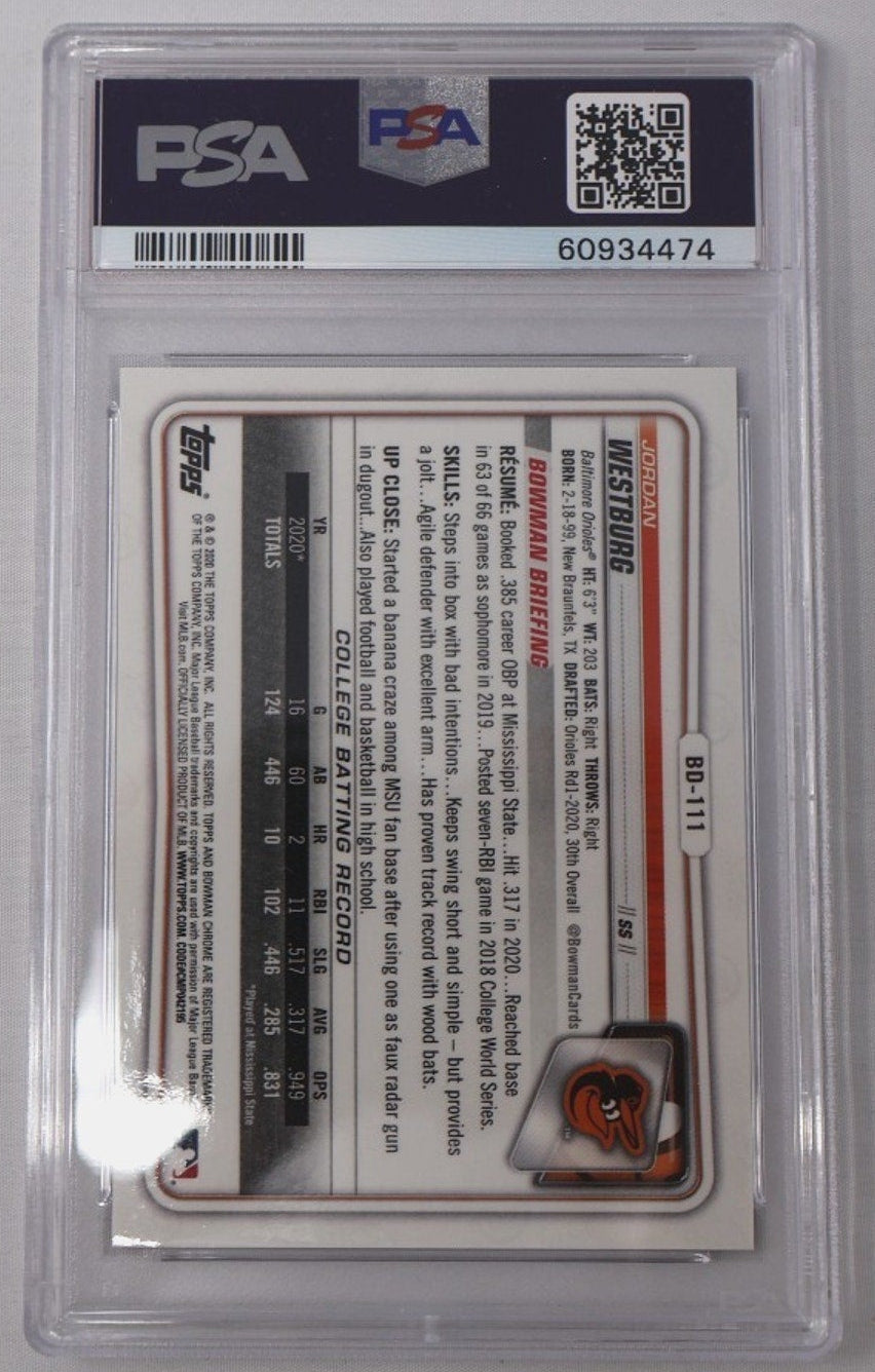 Back of Jordan Westburg 2020 Bowman Chrome Draft 1st Purple Refractor #BD-111 PSA 9 card with player details and statistics