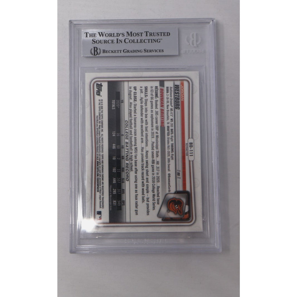 Back of Jordan Westburg 2020 Bowman Chrome Draft 1st Refractor #BD-111 BGS 9 card with player information and statistics