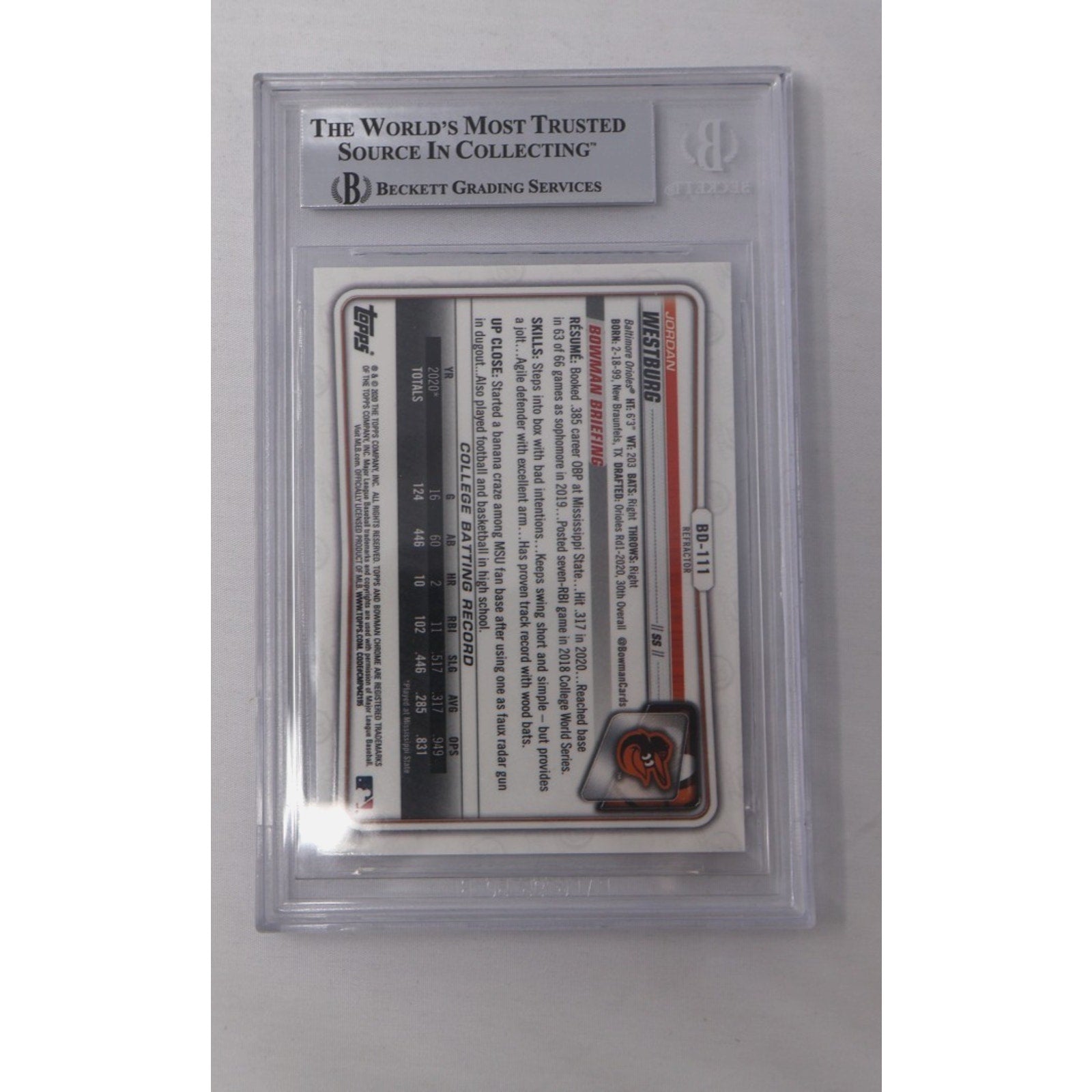 Back of Jordan Westburg 2020 Bowman Chrome Draft 1st Refractor #BD-111 BGS 9 card with player information and statistics