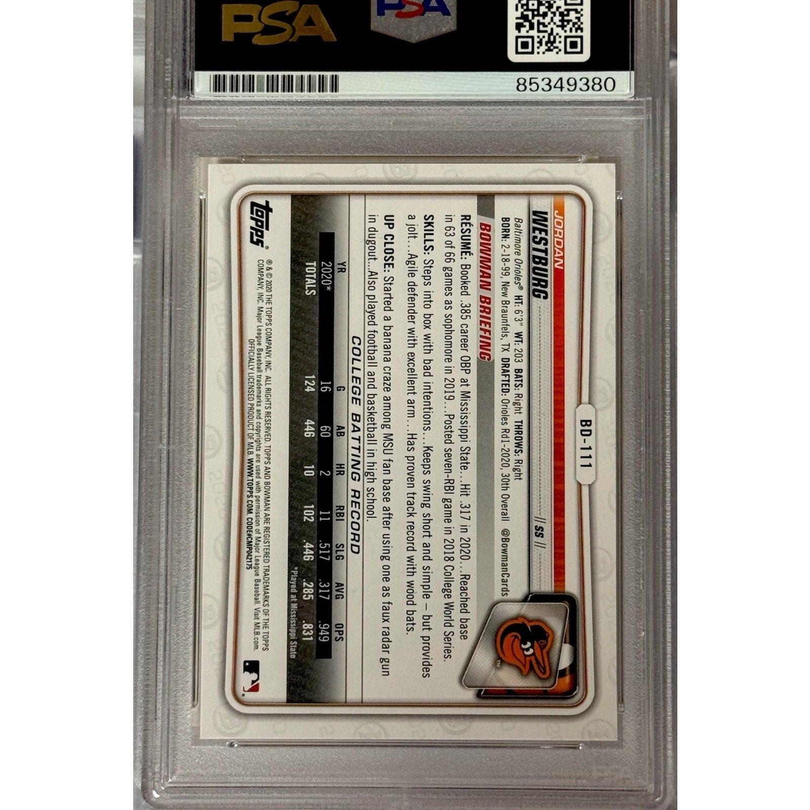 Back of 2020 Bowman Draft Jordan Westburg rookie autograph PSA DNA 10 card