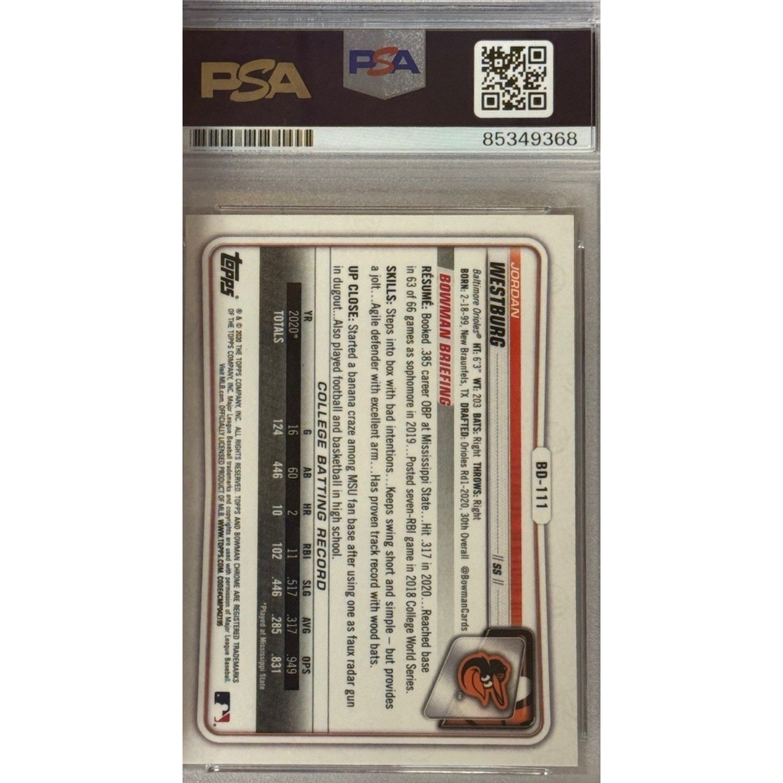 Back of 2020 Bowman Draft Jordan Westburg rookie autograph PSA DNA 10 card