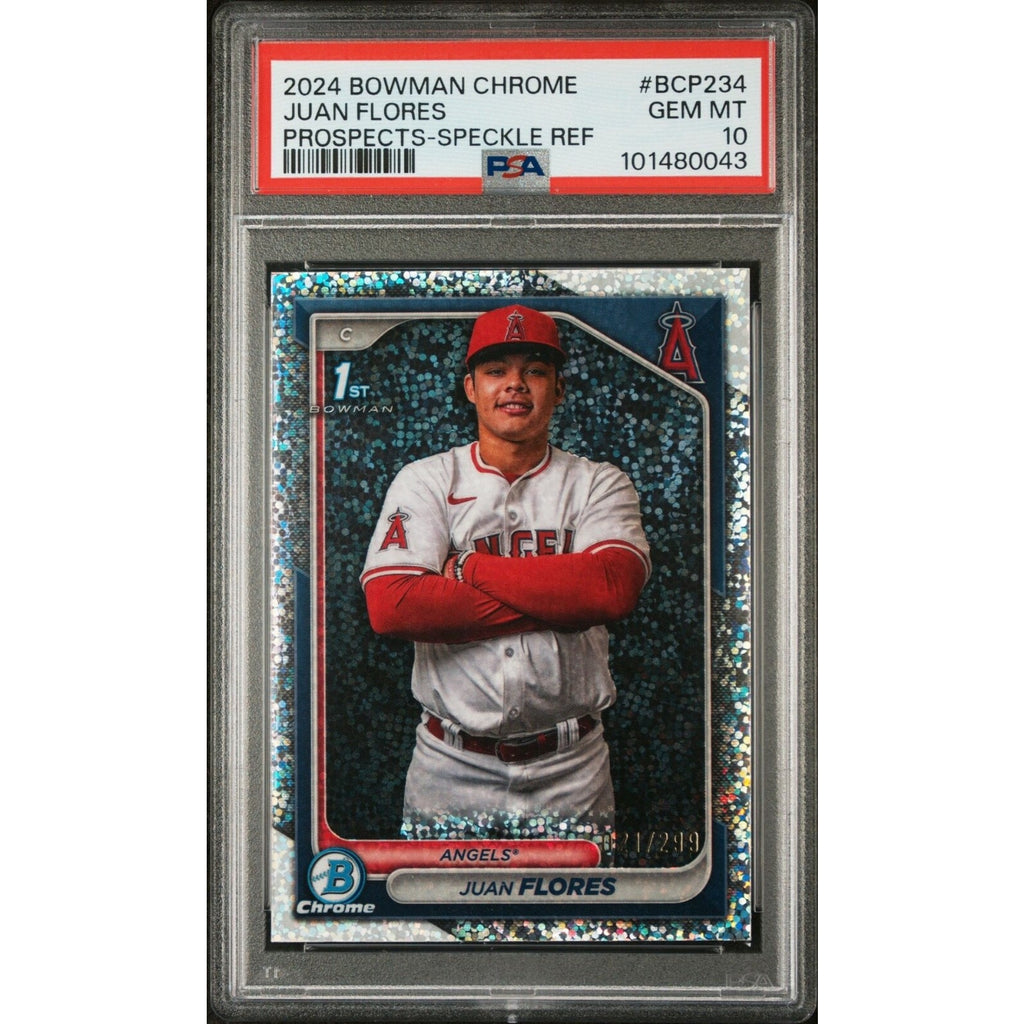 2024 Bowman Chrome Juan Flores Speckle Refractor rookie card #BCP234 PSA 10 POP 1 front view