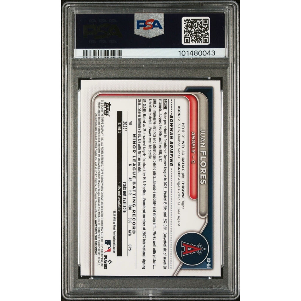 Back view of 2024 Bowman Chrome Juan Flores Speckle Refractor rookie card #BCP234 PSA 10 POP 1