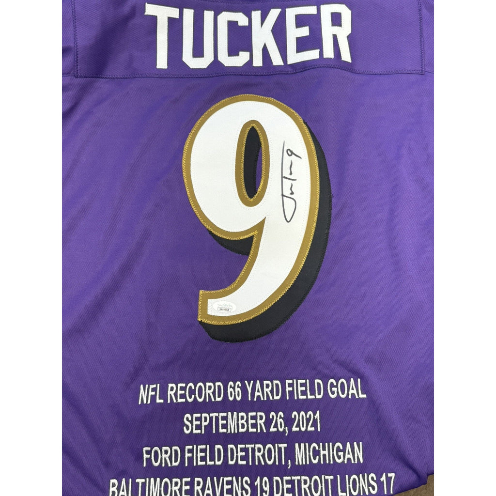 Justin Tucker signed Baltimore Ravens purple stitched jersey with Lions kick inscription front view