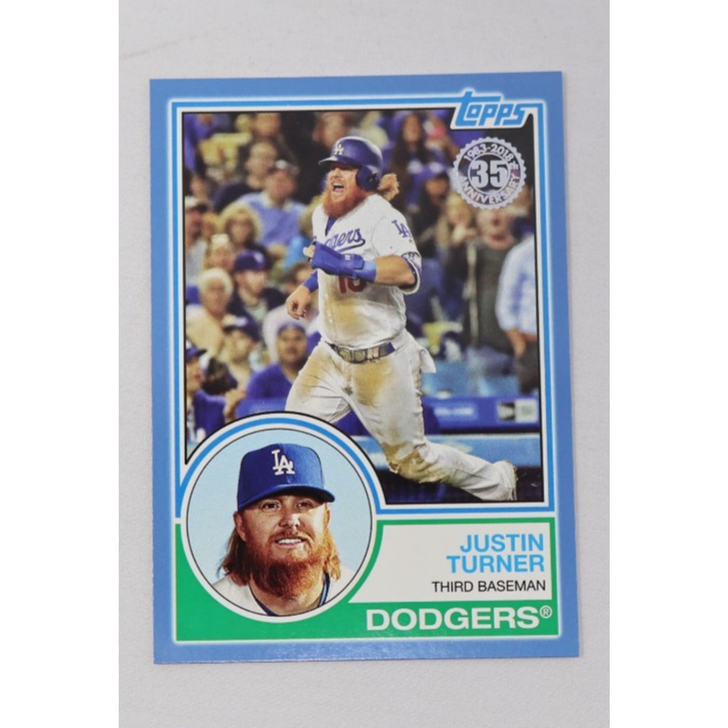 2018 Topps 35th Anniversary Justin Turner Blue Parallel #83-60 baseball card featuring the Los Angeles Dodgers third baseman