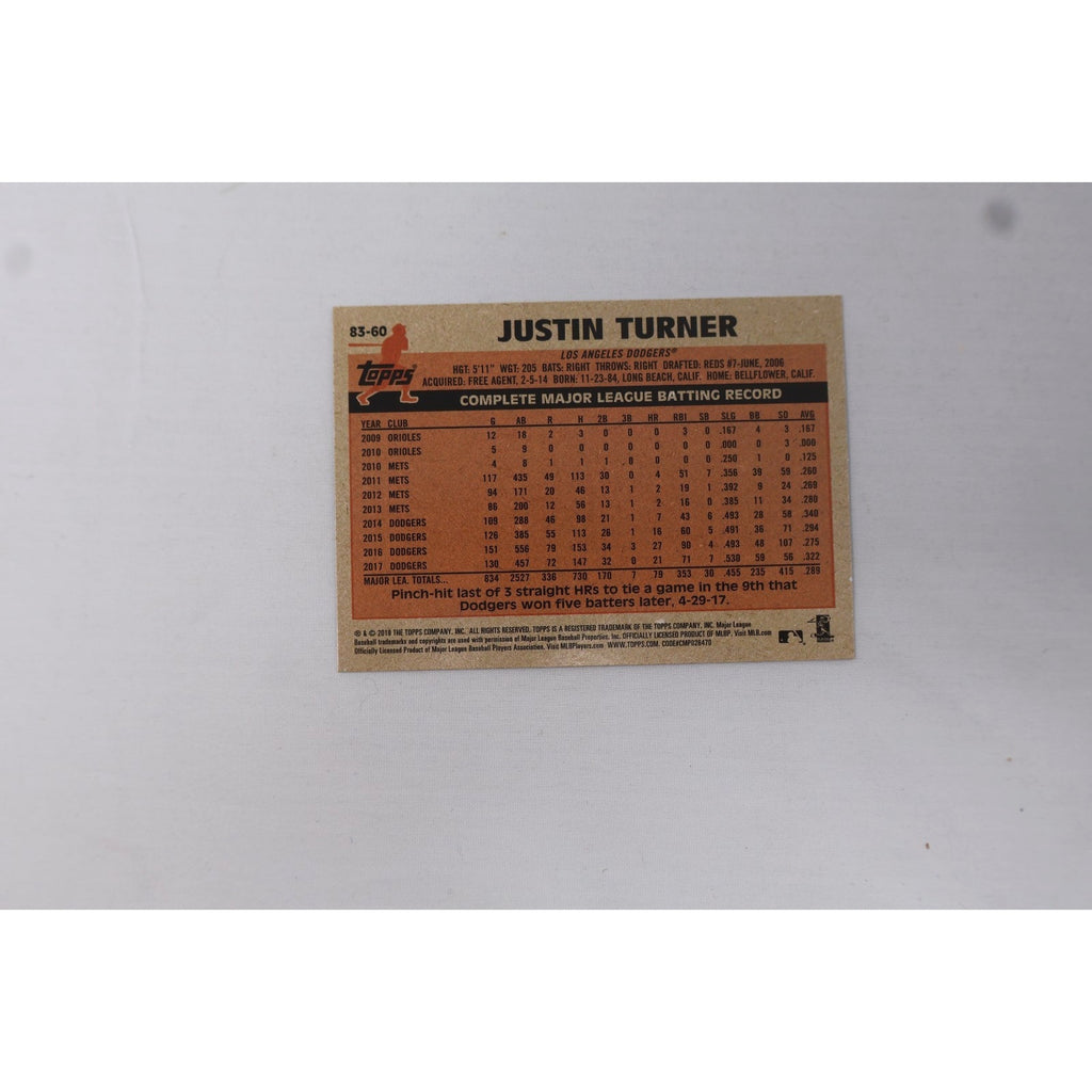 Back of 2018 Topps Justin Turner 35th Anniversary Blue Parallel card with player statistics and information